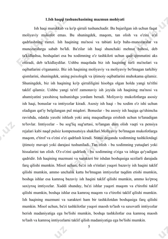 nisbatan doimiy qismi hisoblanadi. unga tarif bo’yicha belgilangan maosh, ustama va qo’shimcha haqlar kiradi. ustama va qo’shimcha haqlar muayyan muddatga belgilangadi, hamda ish yomonlashgan taqdirda (mehnat sharoiti uchun to’lanadigan haqda tashqari) bekor qilinadi. qo’shimcha qismga yil yakunlariga ko’ra, mehnatning umumiy natijalari uchun beriladigan mukofot va rag’batlantirishlar kiradi.ish haqini huquqiy jihatdan tartibga solib turishning davlat va mahalliy turlari mavjud. davlat yo’li bilan normalash–davlat hokimiyati va boshqaruv organlari tomonidan mehnatga haq to’lashning umumiy shartlari belgilanishidan iborat. mahalliy yo’l bilan tartibga solish-huquq qoidalarida mehnatga haq to’lash shartlarini belgilashdan iborat bo’lib, ular ma’muriyat tomonidan kasaba uyushmasi qo’mitasi bilan birgalikda o’zlariga berilgan huquqlari doirasida ishlab chiqishadi. haq to’lashning qaysi tizimini: tarif stavkalari, maoshlar, tarifsiz tizimni asos qilib olishni korxonaning o’zi mustaqil ravishda hal qiladi. ish haqining funktsiyalari va uni tashkil etish tamoyillari. ish haqining mohiyati, uning ijtimoiy ishlab chiqarish bosqichlari bo’lgan mahsulot ishlab chiqarish, uni taqsimlash, ayirboshlash va iste’mol qilishda bajaradigan funktsiya (vazifa)larida namoyon bo’ladi: …