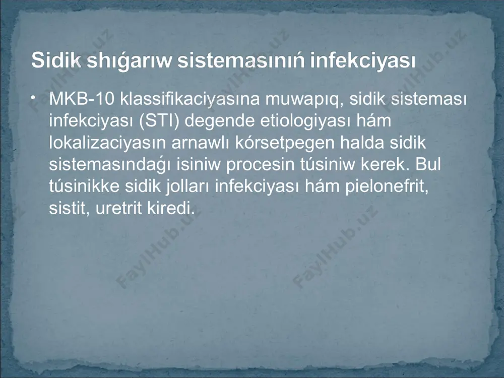 ssiya tolıq remissiya infiltrativ sklerotik saqlap qalıng’an buzılg’an xronik búyrek jetispewshiligi balalarda sji klinikalıq kórinisleri uretrit, cistit hám piyelonefrit. uretrittiń óz aldına ótiwi siyrek ushırasadı hám úlken jastaǵı balalarda kóbirek ushırasadı. sji kóbirek cistit hám piyelonefrit kórinisinde kórinedi. infekciyalıq-isiniw procesine sidik sistemasınıń barlıq organları tartılıwı múmkin. balalardaǵı sidik jolları infekciyasınıń eń kóp ushırasatuǵın kórinislerinen biri cistit - quwiqtıń isiniw keselligi. bul patalogiya hár qıylı jınıs hám jastaǵı balalarda ushırasadı, biraq 5-6 ese kóbirek mektepke shekemgi hám kishi mektep jasındaǵı qızlar awıradı. 1. beyimlewshi faktorlar: birlemshi, ekilemshi. 2. etiologiyası: bakteriyalıq, mikotikalıq, viruslı, dárilik, nurlı. 3. procestiń lokalizaciyası: oshaqlı (boyin, trigonit), diffuz. 4. morfologiyalıq belgileri: kataral, gemorragik, bullez, granulyaciyalıq, inkrustirlew, nekrotik, flegmonoz, interstisial, polipoz. 5. ótiwi: ótkir, xronikalıq (latent, qaytalanıwshı). 6. asqınıwlar: uretro-vezikal kelispewshilikler, sidik tuta almaw, enurez. kishi porciyalar menen tez-tez awırıwlı sidik shıǵarıw quwiq aymaǵındaǵı awırıwlar quwıqtıń tolıq emes bir waqıttıń ózinde bosatıwı sidikti tuta almaw subfebril bezgek leykocituriya bakteriuriya …