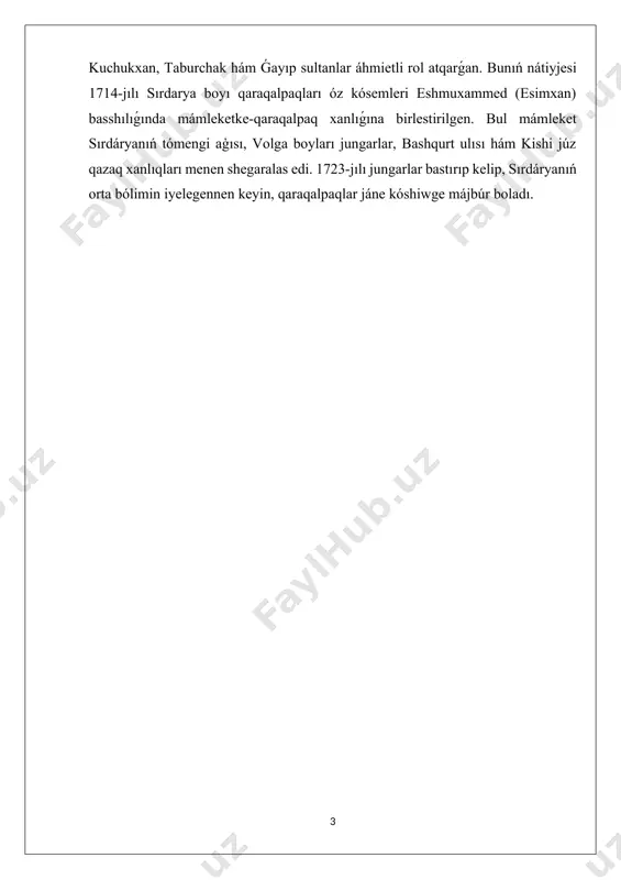 turıp arallı ózbeklerdi baǵındıra almaytuǵının jaqsı túsingen. bunnan burın da xiywa xanlıǵı aralboyı ózbekleri menen qońsı jasap atırǵan qaraqalpaqlardı baǵındırıwǵa bir neshe mártebe urınǵan edi. máselen, 1715-jılı sherǵazıxan sonday háreket etken edi. biraq ol óz maqsetine erise almaǵan. tek 1735-jili elbarsxan dáwirinde aral boyı ózbekleri hám qaraqalpaqlar xiywa xanlıǵı hákimiyatın tán aldı. muxammed amin inax dáwirinde ayırım qaraqalpaq qáwimleri ıqtıyarlı túrde xiywa xanlıǵı puqaralıǵına óte baslagan. buǵan-qáwim biyleriniń óz jeke hákimiyatların usı jol menen saqlap qalıwǵa umtılıwları sebep bolǵan edi. 1809-jılı ámiwdárya, quwandárya hám aral teńizi átirapında jasawshı qaraqalpaqlar xanlıqqa boysındırıldı. 1810-1811-jılları bolsa jańadárya átirapında jasawshı qaraqalpaqlar da boysındırıldı. solay etip qaraqalpaqlardı xiywa xanlıǵına boysındırıw tamamlandı. sonday-aq, qaraqalpaq usınıń menen birge, ekologiyalıq krizislar, atap aytqanda, aroq boylap suw resurslariniń azayıwı, jańadaryo sıyaqlı dáryalar hám kanallardı toltırıwdaǵı máseleler de qaraqalpaq xalqiniń ekonomikalıq iskerligine úlken tásir kórsetken. zamanagóy ózgerisler hám máseleler búgingi kúnde, qaraqalpaqlardıń sociallıq-ekonomikalıq turmısı kóplegen zamanagóy ózgerislerge dus kelgen. awıl …