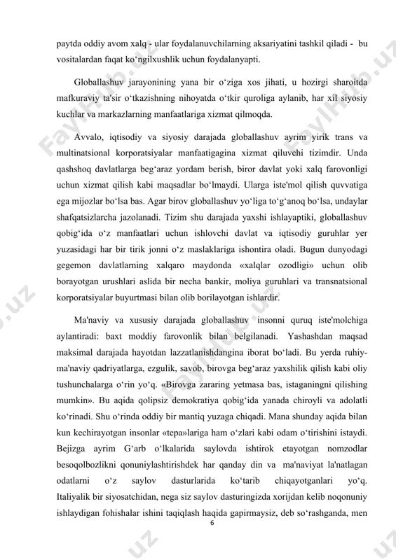nch odatlarni qonuniylashtirishgacha yetib borishyapti. ayni shu misollarda globallashuv va uning bugungi ma'naviyatga ta'siri, umuman, zamonaviy dunyoda inson qanchalar tanazzulga yuz tutib borayotgani yaqqol namoyon bo‘ladi. nima qilish kerak? odamning isitmasi chiqsa, avvalo, uning sababi aniqlanadi. faqat haroratni tushiradigan dorini ichish bilan vaqtincha isitmadan qutilish mumkin, ammo asl sabab bo‘lgan dard davolanmas ekan, ko‘p o‘tmay harorat yana ko‘tarilaveradi. ya'ni, isitmadan batamom qutilish uchun simptomni emas, balki kasallikning o‘zini davolash kerak. xuddi shuningdek, bugun ko‘p gapirilayotgan, insonning axloqsiz bo‘lib, moddiylashib borayotgani johillik, ma'naviyatsizlik dardining simptomlaridir. odamning odobli bo‘lib, ruhiy dunyosining boyishini, dunyoda inson bo‘lib yashashini ta'minlashga atrof-muhitni buzg‘unchi vositalardan xoli qilish bilangina erishib bo‘lmaydi. balki inson ma'naviyatini ko‘tarish, qalbiga ilm, ezgulik ziyosini kiritish bilangina johillik, ma'naviy buzuqlik dardiga davo topish mumkin. johillik bugun epidemiya tarzida keng yoyilgan. ilm uning davosi, emidir. ilm agar insonning hayotida aks etmay, faqat xayolda, qog‘oz-qalamdagina qolsa, bu ilmdan uning egasiga naf yo‘q. xorijlik bir tanishimning shunday …