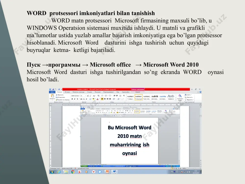 an xarkatni qaytarish (oldinga qaytarish) 8. ctrl + x, yoki shift +delete - tanlab olingan matn qismi nusxasini xotiraga ko’chirib (qirqib) olish. 9. ctrl + c, yoki ctrl + insert, yoki ctrl + num0 - tanlab olingan matn qismi nusxasini xotiraga olish 10. ctrl + v, yoki shift + insert, yoki shift+num0 - xotirada joylashgan matn qismini chiqarib kursor turgan joyiga qo’yish 11. ctrl + a, yoki ctrl + num5 - butun matnni tanlash 12. ctrl + f - butun matnda biror bir so’z yoki jumlani izlash 13. ctrl + h - butun matnda biror bir suz yoki jumlani topib uning o’rniga boshka so’z yoki jumla bilan almashtirish 14. delete - tanlab olingan matn qismi yoki kursordan ung tomonda joylashgan 15. f7 - butun matnning imlo xatolarini tеkshirish 16. shift + f7 - tanlangan so’zning sinonimlarini topish 17. f12 - ekranda ochiq bulgan faylni qayta nomlash 18. alt + ctrl …