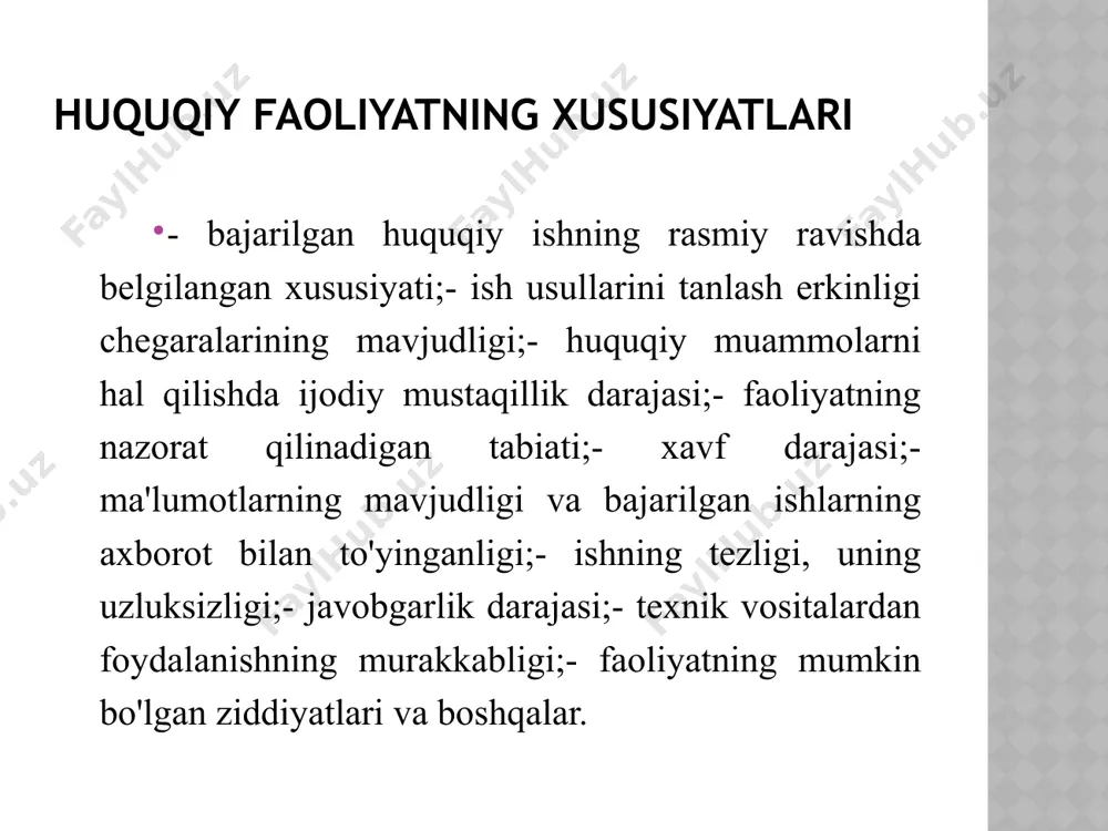 at berish;mijozning manfaatlarini himoya qilish;rasmiy hujjatlarni yuridik ekspertizadan o ' tkazish;shartnoma faoliyatini yuritish;mijoz faoliyatini huquqiy qo'llab-quvvatlash;sud qarorlarini ijro etish bosqichida ijro etuvchi xizmat bilan ishlash;shartnoma ishlarini olib borish;yuridik ahamiyatga molik harakatlarni amalga oshirish uchun hujjatlar paketlarini tayyorlash;davlat organlarining so ' rovlari va jismoniy shaxslarning murojaatlari bilan ishlash; yurist uchun zarur bo'lgan shaxsiy fazilatlar - kasbiy tajribani o'qitish va mustahkamlash natijasida olingan minimal bilim, ko'nikma, ko'nikmalar;- motivatsiyaning xususiyatlari, uni amalga oshirishga hissiy va ixtiyoriy tayyorlikni yaratadigan kasbiy faoliyatga munosabat. ushbu omil kasbiy tanlov motivlarini, shaxsning hayotiy maqsadlarini va ularga erishish yo'llarini, umumiy ijtimoiy va kasbiy muammolarni tushunishni, faoliyat mazmuni va xizmat intilishlarini aks ettiruvchi dunyoqarash xususiyatlarini o'rganish orqali aniqlanadi;- intellektual qobiliyat, kasbiy fikrlash orqali ochiladigan ma'lum bir kasbiy faoliyat qobiliyati (ularning asosiylari: analitik va mantiqiy fikrlash qobiliyati, professional kuzatuvga ega bo'lish, tezkor va uzoq muddatli xotiraga ega bo'lish, ijodiy qidiruv faoliyati va tezkor aqlga ega bo'lish). madaniyatli jamiyat uchun yurist faoliyatining …