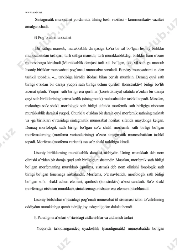 hkil topadi. morfema (morfema varianti) esa so’z shakl tarkibiga kiradi. lisoniy birliklarning murakkablik darajasi nisbiydir. uning murakkab deb nom olinishi o’zidan bir daraja quyi sath birligiga nisbatandir. masalan, morfemik sath birligi bo’lgan morfemaning murakkab (qurilma, sistema) deb nom olinishi fonologik sath birligi bo’lgan fonemaga nisbatandir. morfema, o’z navbatida, morfologik sath birligi bo’lgan so’z shakl uchun element, qurilnsh (konstruktiv) a'zosi sanaladi. so’z shakl morfemaga nisbatan murakkab, sintaksemaga nisbatan esa element hisoblanadi. lisoniy birlshshar o’rtasidagi pog’onali munosabat til sistemasi ichki to’zilishining oddiydan murakkabga qarab tadrijiy joylashganligidan dalolat beradi. 3. paradigma a'zolari o’rtasidagi zidlanishlar va zidlanish turlari yuqorida ta'kidlanganideq uyadoshlik (paradigmatik) munosabatida bo’lgan lisoniy birlliklar muayyan birlashtiruvchi semaga ega bo’lishi bilan birga, o’zaro farqlovchi semaga ham ega bo’ladi. ana shu farqlovchi semalar uya a'zolarining o’zaro zidlanishi uchgun asos bo’ladi. sistemaviy tilshunoslikda uya a'zolarining ana shunday farqlovchi semalar asosida zidlanishini belgilash markaziy o’rinni egallaydi. chunki lisoniy birliklarni ma'lum sinflarga birlashtirish qanchalik muhnm bo’lsa, sinf …