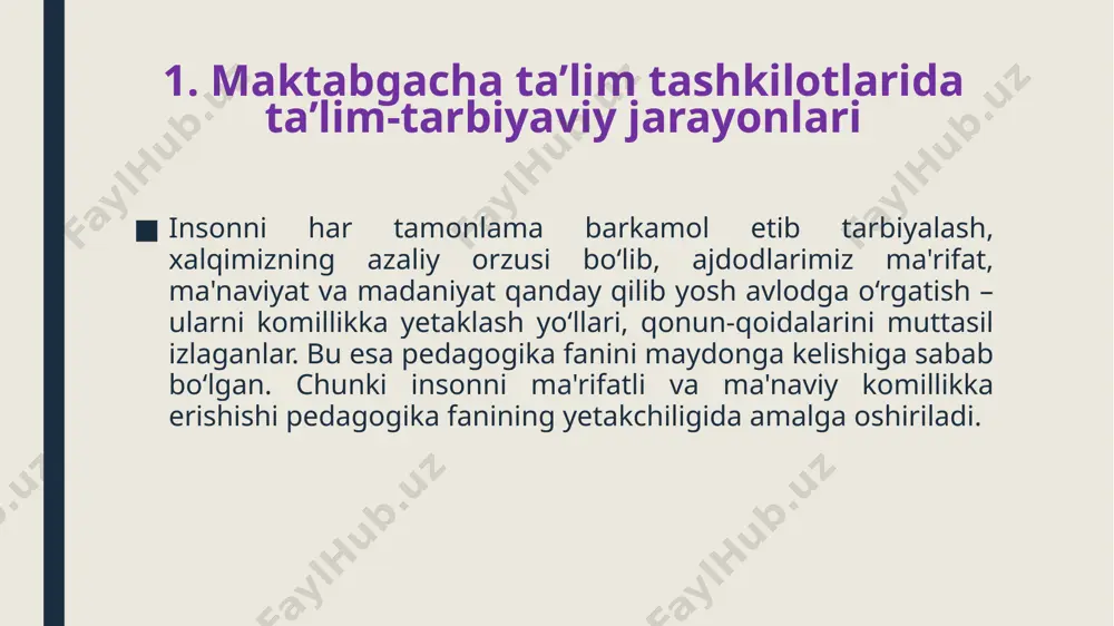labki soatlarga quyidagilar rejalashtiriladi: 1. bolalarning og‘zaki nutqini tuzatish va rivojlantirish: a) kitoblar, o‘yinchoqlar, bolaning dam olish kunini qanday o‘tkazgani, uning oila a'zolari ota-onasi, opa-singlisi, aka-ukasi va shunga o‘xshashlar to‘g‘risida jamoa tarzida va yakka tartibda suhbatlar o‘tkazish b) albomlar, jurnallar, yangi kitoblar, rassomlarning yangi asarlarini ko‘rish; v) she'rlarni takrorlash; g) to‘g‘ri talaffuz qilishga o‘rgatish, nutqning grammatik tuzilishini shakllantiruvchi didaktik o‘yinlar; d) tovushlarni to‘g‘rilash bo‘yicha yakka tartibda shug‘ullanish. 3. kunning ikkinchi yarmini rejalashtirish. kunning ikkinchi yarmi ikki qismdan iborat: guruhdagi va sayrdagi ishlar kunning ikkinchi yarmida bolalarning guruhdagi o‘yin faoliyati rejalashtiriladi. uyqudan keyingi o‘yin uchun kichik guruxda - 45daqiqa, o‘rta guruhda 1 soat, katta guruhda-1soat,tayyorlov guruhida -1,5 soat ajratiladi. kunning ikkinchi yarmida asosan kunning ikkinchi yarmida asosan bolalarning xilma-xil o‘yin faoliyatlari tashkil etiladi. bolalarning syujetli-rolli o‘yinlari uchun sharoit yaratish, o‘yinchoqlar bilan o‘ynashga o‘rgatish va boshqalar kalendar rejasiga yoziladi. o‘yinda tarbiyachining qatnashishi ham rejada qayd etiladi. bu bola­lar o‘yinini tashkil etish va …
