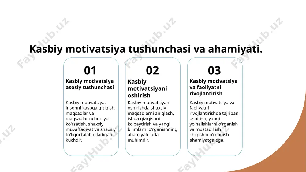 ir. photo by kahl orr on unsplash kasbiy motivatsiya: kuchli arzular 01 kuchli motivatsiya kuchli motivatsiya, hedeflarni engil qilishga olib keladigan kuchli kuchni ifodalaydi. bu, kasbiy rivojlanish va shaxsiy farovonlikka olib keladigan energiyani ta'minlaydi. 02 arzular va maqsadlar arzular va maqsadlar, insonni kasbiy rivojlanish yo'li boyicha yo'lga qo'yadigan kuchni ifodalaydi. bu, insonni yo'qotishsiz harakat qilishga ilhom beringan motivatsiyani ta'minlaydi. 03 ishga qiziqish va azm ishga qiziqish va azm, insonning kasbiy maqsadlarga erishish uchun ko'zdan kechirgan xarakteristikalarini ifodalaydi. bu, insonni muvaffaqiyat yo'lini qidirishga ilhom beringan motivatsiyani ta'minlaydi. 04 ishga yo'naltirilgan vaqt ishga yo'naltirilgan vaqt, insonning shaxsiy rivojlanish uchun sarflaydigan vaqt va energiyani ifodalaydi. bu, insonni o'zini rivojlantirishga yo'l boyicha qo'llab-quvvatlaydigan motivatsiyani ta'minlaydi. kasbiy motivatsiya: malakani rivojlantirish. 1 kasbiy motivatsiyani tushunish kasbiy motivatsiya, insonlarni ish faoliyati uchun qiziqtiradigan va ularga yo'l-yo'l to`laqon qiladigan kuch, maqsadlar va rag'batlardir. 2 malakani rivojlantirishning ahamiyati malakani rivojlantirish, kasbiy motivatsiyani oshirish va kuchaytirishda juda muhim ahamiyatga ega, …