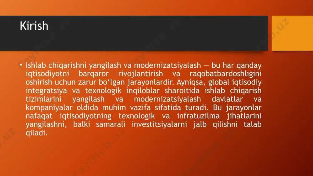 vestitsion dasturlarni moliyalashtirishda davlat va xususiy sektor hamkorligi (public-private partnership, ppp) modeli keng qo‘llaniladi. davlat roli: soliq imtiyozlari berish; infratuzilma loyihalarini qo‘llab-quvvatlash. xususiy sektor roli: innovatsion texnologiyalar va menejment tajribasi kiritish; moliyaviy resurslarni jalb qilish. zamonaviy moliyalashtirish vositalari ishlab chiqarishni modernizatsiyalash uchun quyidagi moliyalashtirish vositalari qo‘llaniladi: lizing: innovatsion texnologiyalarni sotib olish uchun uzoq muddatli ijaraviy moliyalashtirish. obligatsiyalar: korxonalar tomonidan uzoq muddatli mablag‘lar jalb qilish uchun chiqariladi. venture kapital: innovatsion startaplarni moliyalashtirish. xalqaro moliyalashtirish: xalqaro tashkilotlar (imf, wb) va xorijiy investitsion fondlarning ishtiroki. xulosa va tavsiyalar ishlab chiqarishni yangilash va modernizatsiyalash sharoitida investitsion dasturlarni muvaffaqiyatli amalga oshirish uchun: ichki va tashqi moliyalashtirish manbalarini uyg‘unlashtirish; innovatsion texnologiyalarni qo‘llashni rag‘batlantirish; davlat va xususiy sektor o‘rtasidagi hamkorlikni kuchaytirish; moliyalashtirish jarayonlarini samarali boshqarish mexanizmlarini joriy etish zarur. test ishlab chiqarishni modernizatsiyalashning asosiy maqsadi nima? a) mahsulot sifatini oshirish b) texnologik uskunalarni yangilash c) ishlab chiqarishning samaradorligini oshirish d) barchasi to'g'ri javob: d) barchasi to'g'ri investitsion …