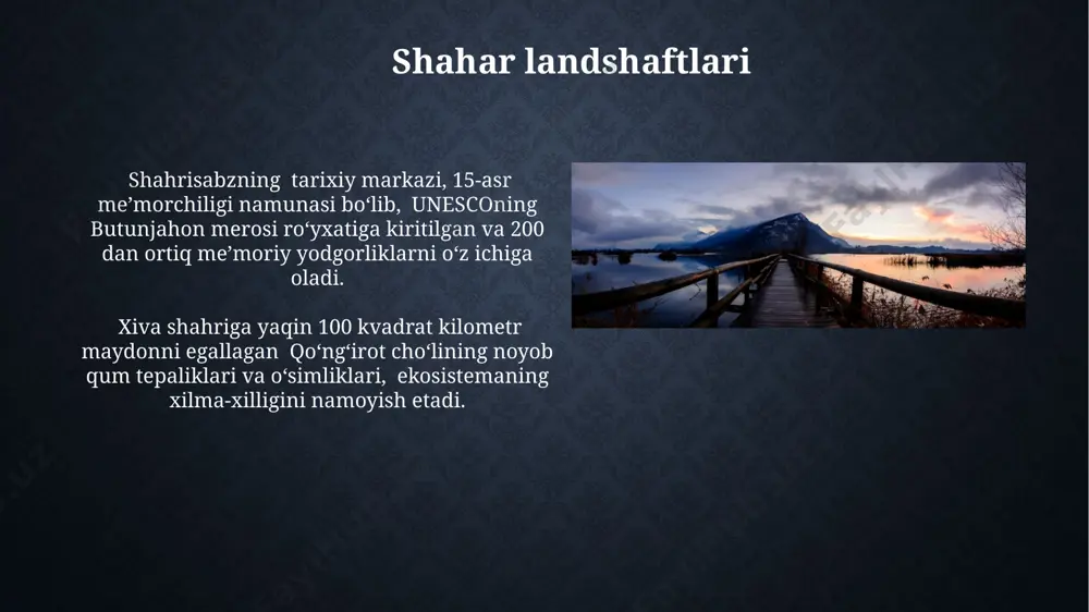 ndshaftlarining 30% dan ortigʻi chotqol tizmasida joylashgan boʻlib, 2000 metrdan yuqori balandliklarda noyob oʻsimlik turlarini oʻz ichiga oladi. oʻzbekistonning shimolda joylashgan oʻrmon landshaftlari, 15 ga yaqin turli xil qushlar va 5 ta noyob sutemizuvchilar turi uchun muhim yashash joyidir. tog'li landshaftlar o'zbekistonning tog'li hududlarida, xususan, farg'ona vodiysidagi 3000 metrdan baland tog'larda, 15 ga yaqin noyob ko'llar mavjud bo'lib, ularning ba'zilari muzliklardan hosil bo'lgan. tog'li landshaftlarning 20% dan ortig'i, ayniqsa, qashqadaryo viloyatining g'arbiy qismidagi tog'larda, 2500 metrdan yuqori balandlikda joylashgan bo'lib, noyob o'simlik turlariga boy. landshaftlarni muhofaza qilish qoraqalpogʻiston respublikasidagi aral dengizi atrofidagi choʻl landshaftlarining tiklanishiga 10 yillik davlat dasturi 2 million gektar maydonni qamrab olib, ekologik muvozanatni tiklashga qaratilgan. toshkent viloyatidagi 3000 gektarlik oʻrmon massivlarining 70 foizi yoʻq boʻlib ketish xavfi ostida, shuning uchun ularni muhofaza qilish uchun yangi texnologiyalar va 50 dan ortiq mutaxassis jalb qilinmoqda. e'tiboringiz uchun rahmat @taqdimot_robot image2.jpg image3.jpg image4.jpg image5.jpg image6.jpg image7.jpg image8.jpg image9.jpg image10.jpg …
