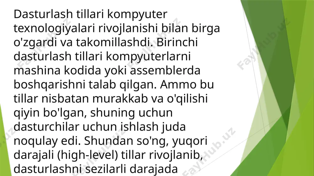veb-ilovalar va dinamik saytlar yaratish uchun ishlatiladi. php yordamida serverda ishlov berish va foydalanuvchi bilan muloqot qilish imkoniyatlari mavjud. javascript — veb-brauzerda ishlash uchun mo'ljallangan til bo'lib, interaktiv veb-saytlar yaratish uchun zarur bo'lgan tillardan biridir. 4. ob'ektga yo'naltirilgan dasturlash tillari (object-oriented programming languages) ob'ektga yo'naltirilgan dasturlash paradigmasi dasturdagi barcha ma'lumotlarni ob'ektlar shaklida tashkil etishga asoslanadi. bu usul dastur strukturasi va modullarini yaratishda juda samarali bo'lib, dastur modifikatsiyasini osonlashtiradi. c++ (1983): c++ tilida ob'ektga yo'naltirilgan dasturlash imkoniyati mavjud. c++ juda yuqori samaradorlikni ta'minlaydi, shuningdek, tizim dasturlari va yuqori tezlikda ishlaydigan dasturlarni yaratishda keng qo'llaniladi. java (1995): java — platformaga bog'liq bo'lmagan dasturlar yaratish imkoniyatini taqdim etadi. java "bir marta yoz, har yerda ishga tushir" tamoyilini amalga oshirishga yordam beradigan til bo'lib, bu tizimning moslashuvchanligini ta'minlaydi. 5. zamonaviy tillar (modern languages) bugungi kunda dasturlash tillari juda tez rivojlanmoqda va ular yuqori darajadagi sintaksis, o'qilishi osonlik, va keng kutubxonalarga ega bo'lib, dasturchilarni ko'plab …