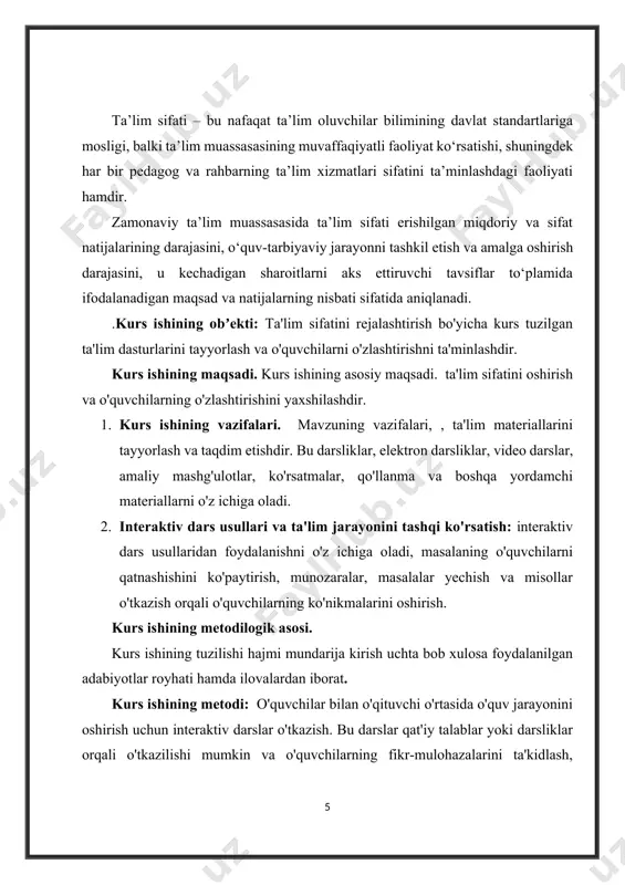 v metodlar, innovatsion texnologiyalar, pedagogik va axborot texnologiyalari o'quv jarayonida qo'llashga bo'lgan qiziqish, e'tibor kundan kunga kuchayib bormoqda, bunday bo'lishining sabablaridan biri, shu vaqtgacha an'anaviy ta'limda o'quvchi talabalarni faqat tayyor bilimlarini egallashga o'rgatilgan bo'lsa, zamonaviy texnologiyalar ularni egallayotgan bilimlarini o'zlari izlanishlariga, mustaqil o'rganib, tahlil qilishlariga, hatto xulosalarni ham o'zlari keltirib chiqarishlariga o'rgatadi. o'qituvchi bu jarayonda shaxsning rivojlanish, shakllanishi, bilim olishi va tarbiyalanishiga sharoit yaratadi va shu bilan bir qatorda boshqaruvchilik, yo'naltiruvchlik funksiyasini bajaradi. innovatsion pedagogik texnologiyalar asosida ishlashda o'qituvchida innovatsion faoliyat haqida tushuncha bo'lishi kerak. mohiyatiga ko'ra innovatsion faoliyat ilmiy izlanishlar, ishlanmalar yaratish, tajriba-sinov ishlari olib borish, fan-texnika yutuqlaridan foydalanish asosida yangi takomillashtirilgan mahsulotni yaratishdan iborat. pedagogning innovatsion faoliyati quyidagilar bilan belgilanadi: - yangilikni qo'llashga tayyorligi; - pedagogik yangiliklarni qabul qilishi; - novatorlik darajasi; - kommunikativ qobiliyatning rivojlanganligi; - ijodkorligi; - tashabbuskorligi. talaba o'qituvchi orqali o‘zlashtirgan ma'lumotlarni takrorlash, musraqil fikrlash va original manbalarni o'rganish hamda hayotiy tajribalarga haqiqiy vazifalarga asoslanib …