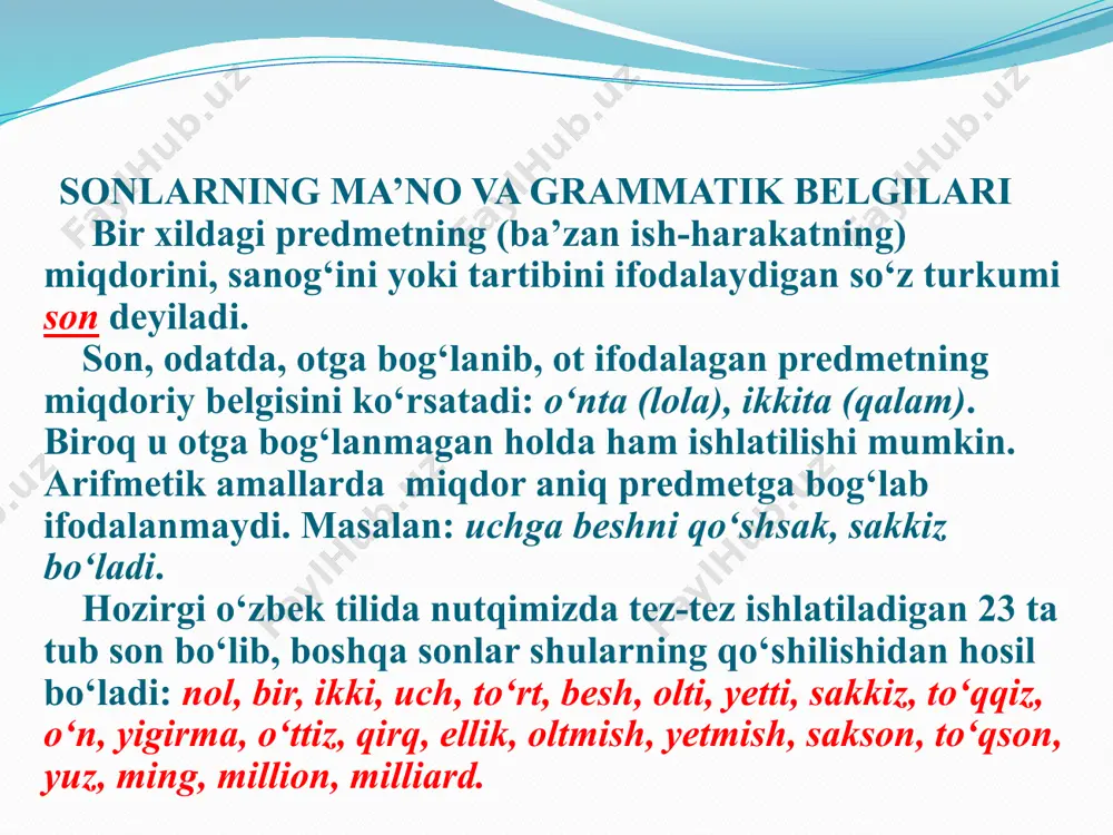 olmoshi sanaladi. dona son narsa-buyumning donalab, yakkalab sanaladigan umumiy miqdorini anglatadi. u sanoq songa -ta qo‘shimchasini qo‘shish bilan hosil qilinadi: yettita (kitob), o‘n beshta (odam). dona son donalikni ifodalaydigan dona, nafar, bosh, bet, nusxa, tup, tonna, pud kabi so‘zlarni keltirish yo‘li bilan hosil qilinadi: ming bosh qo‘y, yuz tup gilos, ellik betlik kitob kabi. chama son narsa-buyumlarning taxminiy miqdorini anglatadi va quyidagicha hosil bo‘ladi: 1) sanoq songa –tacha (beshtacha, yuztacha); – lar, -larcha (yuzlarcha); -lab(minglab) qo‘shimchalarini qo‘shish orqali. masalan: soat beshlar edi. yuzlarcha odam yig‘ildi; 2) ikki sonni juftlash yo‘li bilan: oradan besh-o‘n yil o‘tdi. jamlovchi son narsa-buyumlarning donalab sanalishidan kelib chiqqan sonini, miqdorini bir guruhga birlashtirish, jamlash, orqali anglatadi va sanoq songa quyidagi qo‘shimchalarni qo‘shish orqali hosil qilinadi: -ov (ikkov, uchov); -ovlon (uchovlon, ikkovlon); -ala (uchala, ikkala). ikki, olti, yetti sanoq sonlaridan jamlovchi son hosil qilinganda o‘zakdagi i tovushi tushib qoladi: oltovlon, yettovi, ikkalasi. jamlovchi sonlar ko‘pincha 1 dan …