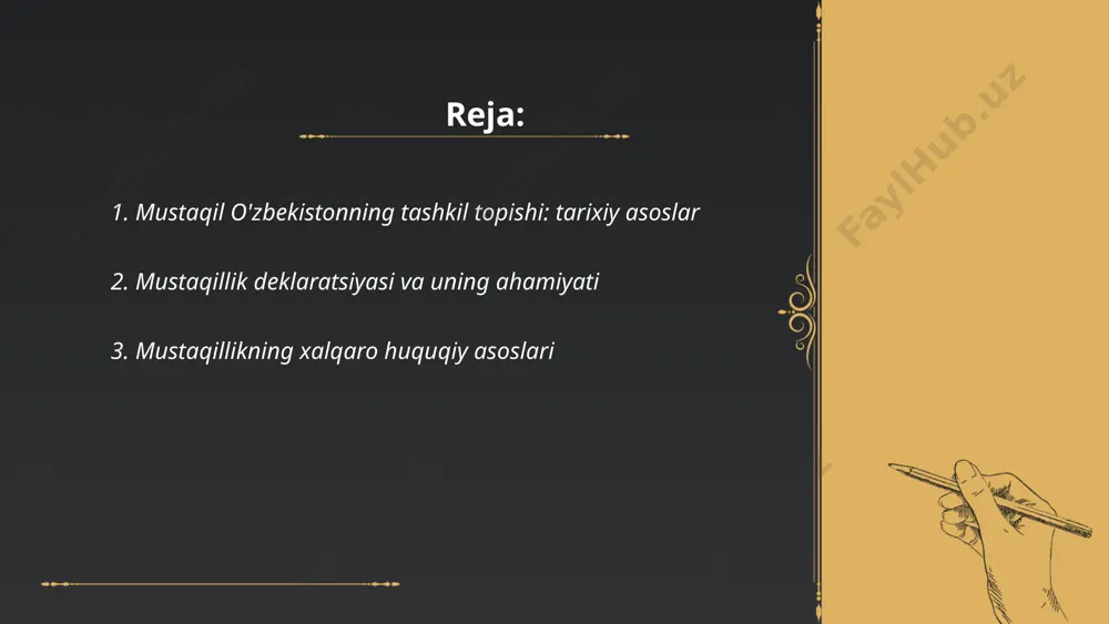 iyatda o'z ovoziga ega bo'lish imkoniga ega bo'ldi. ... t.me/slaydai_bot mustaqillikning xalqaro huquqiy asoslari davlatlarning suverenitetini ta'minlaydi. 1945-yilda birlashgan millatlar tashkiloti (bmt) nizomi qabul qilinib, unda barcha davlatlarning tengligi va o'z taqdirini o'zi belgilash huquqi kafolatlandi. 1960-yilda bmt bosh assambleyasi mustamlaka mamlakatlari va xalqlarining mustaqillikka erishishi to'g'risidagi deklaratsiyani qabul qildi. 1970-yilda "xalqaro tinch-totuvlik hamkorlik" deklaratsiyasi qabul qilinib, davlatlarning mustaqilligini hurmat qilish talabi qo'yildi. shu huquqiy asoslar yordamida ko'plab davlatlar mustaqillikka erishgan. mustaqillik xalqaro huquq normalariga asoslanib, davlatlararo hurmat va tenglik prinsiplariga tayanadi. ... t.me/slaydai_bot 4. birinchi prezidentimiz islom karimovning roli islom karimov, 1938-yilda samarqand viloyatida tug‘ilgan, 1991-yildan 2016-yilgacha o‘zbekiston respublikasining birinchi prezidenti bo‘lgan. u mustaqillik e’lon qilingandan keyin, 1991-yil 1-sentabrda prezident lavozimiga saylandi. karimov, boshqaruvi davomida iqtisodiy islohotlar, qishloq xo‘jaligi modernizatsiyasi va infratuzilma loyihalariga e’tibor qaratgan. uning rahbarligida 1992-yilda yangi konstitutsiya qabul qilingan. 2010-yilda mamlakatda ta'lim tizimini rivojlantirish uchun "kadrlar tayyorlash milliy dasturi" ishlab chiqildi. karimov 2016-yil 2-sentabrda toshkent shahrida …