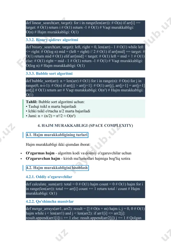 : merge_sort, "python's built-in sort": sorted sizes = [100, 500, 1000, 5000] for size in sizes: print(f"\nmassiv hajmi: {size}") print("-" * 50) # test ma'lumotlarini yaratish original_data = [random.randint(1, 1000) for _ in range(size)] for name, algorithm in algorithms.items(): data = original_data.copy() start_time = time.time() if name == "python's built-in sort": result = algorithm(data) else: algorithm(data) end_time = time.time() print(f"{name:20}: {end_time - start_time:.6f} s") performance_comparison() 9.2. xotira ishlatilishini taqqoslash import sys def memory_usage_analysis(): """ algoritmlarning xotira ishlatilishini tahlil qilish """ def get_memory_usage(func, *args): """funktsiya bajarish paytidagi xotira ishlatilishi""" import tracemalloc tracemalloc.start() result = func(*args) current, peak = tracemalloc.get_traced_memory() tracemalloc.stop() return current, peak, result test_data = list(range(1000, 0, -1)) # teskari tartibda algorithms = [ ("bubble sort (in-place)", bubble_sort), ("selection sort (in-place)", selection_sort), ("insertion sort (in-place)", insertion_sort), ("merge sort (extra space)", merge_sort) ] print("xotira ishlatilishi tahlili:") print("-" * 60) for name, algorithm in algorithms: data = test_data.copy() current, peak, _ = …