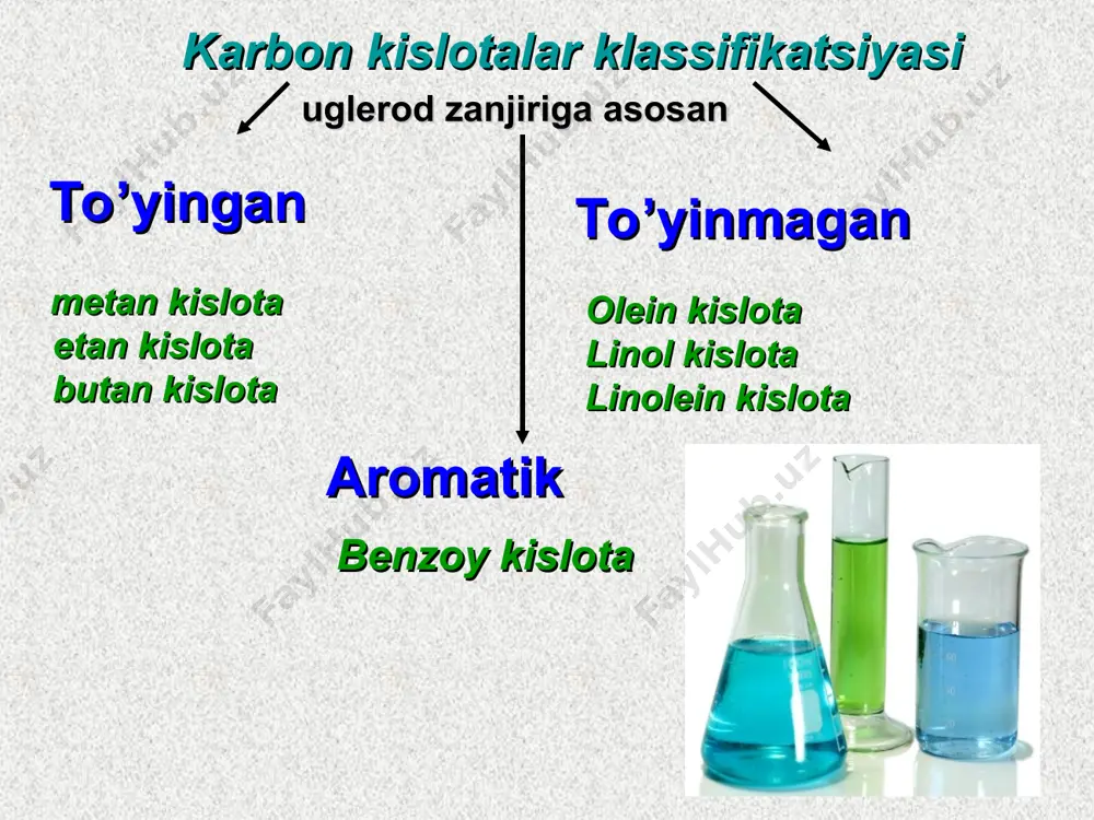 kislota bo’yoqlar ishlab chiqarishda, plastmassalar, dorilar sun’iy tola, yonmaydigan kinoplenka va x.k. lar ishlab chiqarishda; uning tuzlari esa gazlamalarni bo’yashda, tibbiyotda, qishloq xo’jaligi zararkunandalariga qarshi kurashda; murakkab efirlar sifatida ishlatiladi. * quyidagikislotalarnitoifalargaajrating?1.сн 3 –сн 2 –сн 2 –соон 2.сн 3 –сн = сн –соон3.сн 3 –сн(сн 3 ) –сн(сн 3 ) –соон4.ноос -сн = сн –сн 2 –соон 5.сн 3 –сн = с = сн –соон tekshirish javoblar:1.birasosli, to’yingan2. birasosli, to’yinmagan3. birasosli, to’yingan4. ikkiasosli, to’yinmagan5. birasosli, to’yinmagan chumolikislota o’tkirhidli, rangsizsuyuqlik, 101 gradusdaqaynaydi.suvdaistalganmiqdordaeriydi. terinikuydiradi. u chumolibezlaridanajralibchiqadigansuyuqliktarkibida, shuningdekba’zibiro’simliklarda( qichitqio’tbarglaridabo’ladi.1831 yildabirinchimartat.peluzatomonidantopilgan. chumolikislota organikmoddalarsintezidakuchliqaytaruvchi, oziq–ovqatsanoatida- dezinfeksiyalovchiva konservalovchivositasifatida; to’qimachiliksanoatida gazlamalarnibo’yashda; tabiiykauchukniqaytaishlashda koagullovchivositasifatidahamda tibbiyotdaishlatiladi. ishlatilishi: sirkakislota •bo’yoqlarishlabchiqarishda, plastmassalar, dorilar •sun’iytola, yonmaydigan kinoplenkavax.k. larishlabchiqarishda; •uningtuzlariesagazlamalarni bo’yashda, •tibbiyotda, qishloqxo’jaligi zararkunandalarigaqarshikurashda; murakkabefirlarsifatidaishlatiladi.