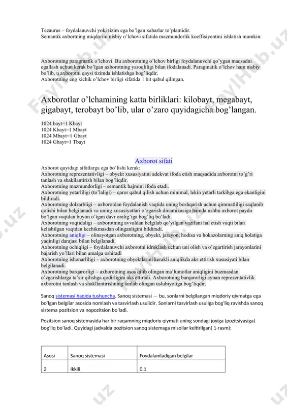 shda asosiy texnik vosita bugungi kunda kompyuter hisoblanadi. shu bilan bir qatorda, axborotlarning almashinuv amallarini bajaruvchi aloqa vositalari – telefon, teletayp, telefaks va hokazolar mavjudki, ular ham axborot texnologiyasining asosiy texnik vositalari hisoblanadi. axborotning o’lchov birliklari axborotni o’lchash uchun ikki ko’rsatkich kiritilgan: axborot miqdori i va qiymatlar hajmi v. bu ko’rsatkichlar axborot adekvatlik shakllarida turli ifoda va talqinga ega. har bir shakl o’ziga xos axborot miqdoriga va qiymatlar hajmiga yega. axborotning sintaktik o’lchovi. qiymatlar hajmi v xabarda belgilar (razryad) soni bilan o’lchanadi. turli sanoq tizimlarida bir razryad turlicha uzunlikka ega bo’lganligi sababli ularning qiymat o’lchov birliklari ham o’zgaradi: – ikki sanoq tizimida o’lchov birligi – bit (ikki razryad) (axborotni o’lchov birligi sifatida, ya’ni 8 bitdan iborat bo’lgan «bayt» o’lchov birligi ham ishlatiladi); – o’nlik sanoq tizimida o’lchov birligi – dit (o’nlik razryad). axborot miqdori i ni tizim holatining noaniqlik tushunchasi(tizim entropiyasi)ni ko’rib chiqmasdan aniqlab bo’lmaydi. axborotning semantik o’lchovi. axborot ma’nosining …