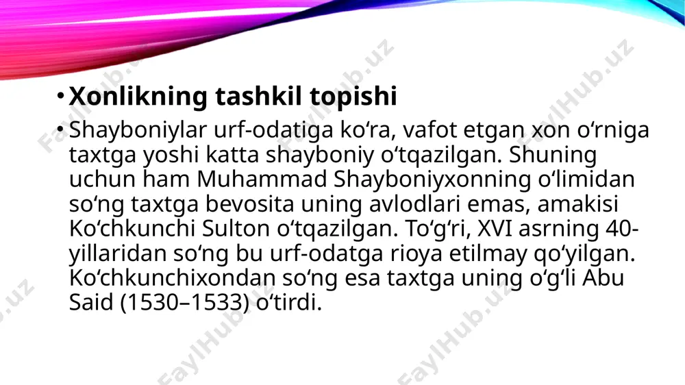 ar ta’sir kо‘rsatgan bо‘lsa, ikkinchi tomondan dashti qipchoqda tarqoq kо‘chmanchi qabila va urug‘larning birlashuvi va kuchli markazlashgan davlatning yuzaga kelishi ta’sir kо‘rsatgan edi. bu vaqtga kelib g‘arbiy sibir va sirdaryogacha bо‘lgan hududlarni birlashtirib, dashti qipchoq va movarounnahr orasidagi savdo tarmoqlarining markazlari sanalgan sig‘noq, oqqо‘rg‘on, arquq, sо‘zoq va о‘zgand shaharlarini yagona hokimiyatga bо‘ysundirgan jо‘chining beshinchi о‘g‘li shaybon urug‘idan bо‘lgan abulxayrxonning temuriylar davlati hududlariga ham ta’siri kuchayib boradi. shunday vaziyatlardan biri 1447 yilda shoxruxning vafot etishi bilan yuzaga keladi va ulug‘bekning mamlakatda yо‘qligidan foydalangan abulxayrxon samarqand va buxoro atroflarga harbiy bosqinchilik uyushtiradi. ulug‘bekning vafoti bilan movarounnahrdagi siyosiy vaziyat yanada chigallashadi va samarqand taxti uchun kurashlar kuchayadi. shunday jarayonda temuriyzoda abu said mirzo (1451-1469 yy)ning murojaati bilan movarounnahrga kirib kelgan abulxayrxon temuriylarning ichki kurashlarida ishtirok eta boshlaydi va shu bilan movarounnahr ichki siyosiy hayotida shayboniylar omili boshlanadi buxoro amirligi o’zbek xonliklari orasida o’zining hududiy o’rni, aholisi va tabiiy resurslari jihatidan muhim mavqega ega …