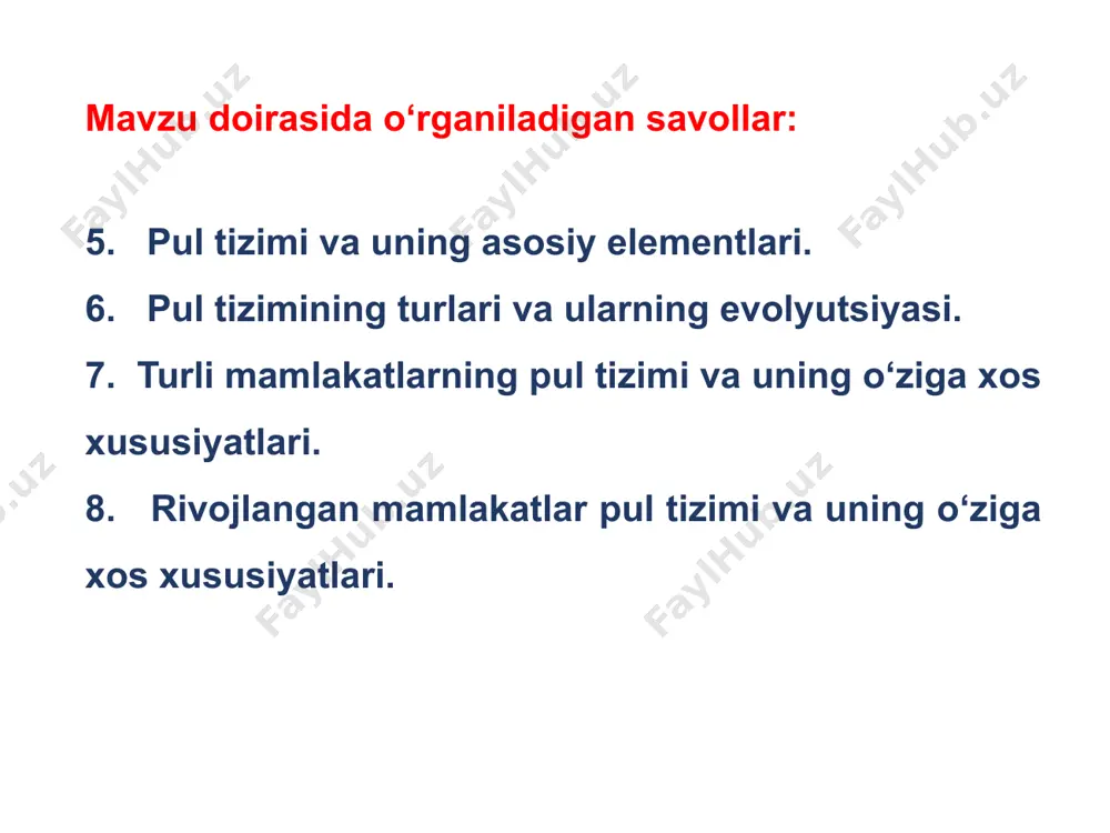 berishi mumkin bo‘lgan, ko‘zda tutilmagan holatlardan himoyalanish maqsadida pul jamg‘aradilar; aholi va kompaniyalar pul mablag‘larini kelgusida daromad olish maqsadida aktivlar sotib olish uchun saqlaydi. pul taklifi – bu naqd va naqdsiz ko‘rinishdagi pul mablag‘larining muomlada paydo bo‘lishi bo‘lib, pulning to‘lov vositasi va muomala funksiyalari bilan bog‘liq. muomaladagi pul miqdorini kamaytirish uchun quyidagi choralarni amalga oshirish muhimdir, ular: - iste’mol kreditni rivojlantirish, kreditga qanchalik ko‘p tovar sotilsa, shuncha kam miqdorda pul muomalada kerak bo‘ladi; - naqd pulsiz hisob-kitoblarning rivojlanishi; - pullarning muomala tezligini oshirishga erishish va boshqalar. pul agregatlari va ularga tavsifnoma pul agregatlari – bu pul massasini miqdoriy jihatdan o‘lchashda qo‘llaniladigan ko‘rsatkichlaridir. pul massasi darajasini hisoblashning asosiy tamoyillaridan biri mablag‘larni likvidlilik darajasi hisoblanadi. muomaladagi pulning turlari pul agregatlari bilan guruhlarga ajratiladi. unga ko‘ra muomaladagi mablag‘lar likvidlilik bo‘yicha tasniflanadi, ya’ni dastlab yuqori likvidli mablag‘lar past likvidligiga qarab m1, m2, m3,….mn yoki l agregatlarga ajratiladi. pul agregatlari tarkibi va soni turli mamlakatlarda …
