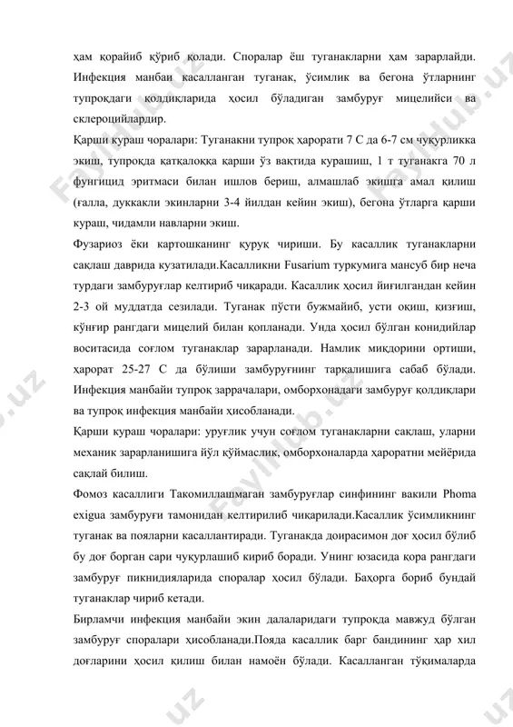 ларни 3-4 йилдан кейин экиш), бегона ўтларга қарши кураш, чидамли навларни экиш. фузариоз ёки картошканинг қуруқ чириши. бу касаллик туганакларни сақлаш даврида кузатилади.касалликни fusarium туркумига мансуб бир неча турдаги замбуруғлар келтириб чиқаради. касаллик ҳосил йиғилгандан кейин 2-3 ой муддатда сезилади. туганак пўсти бужмайиб, усти оқиш, қизғиш, кўнғир рангдаги мицелий билан қопланади. унда ҳосил бўлган конидийлар воситасида соғлом туганаклар зарарланади. намлик миқдорини ортиши, ҳарорат 25-27 с да бўлиши замбуруғнинг тарқалишига сабаб бўлади. инфекция манбайи тупроқ заррачалари, омборхонадаги замбуруғ қолдиқлари ва тупроқ инфекция манбайи ҳисобланади. қарши кураш чоралари: уруғлик учун соғлом туганакларни сақлаш, уларни механик зарарланишига йўл қўймаслик, омборхоналарда ҳароратни мейёрида сақлай билиш. фомоз касаллиги такомиллашмаган замбуруғлар синфининг вакили phoma exigua замбуруғи тамонидан келтирилиб чиқарилади.касаллик ўсимликнинг туганак ва пояларни касаллантиради. туганакда доирасимон доғ ҳосил бўлиб бу доғ борган сари чуқурлашиб кириб боради. унинг юзасида қора рангдаги замбуруғ пикнидияларида споралар ҳосил бўлади. баҳорга бориб бундай туганаклар чириб кетади. бирламчи инфекция манбайи экин далаларидаги …