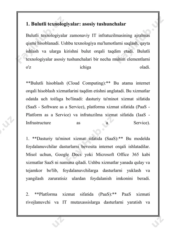 oki qisqartirishi mumkin, bu esa masofaviy ish muhitlari va foydalanuvchi soni o'zgarishlariga moslashishni osonlashtiradi. umuman olganda, bulutli texnologiyalar global miqyosda it infratuzilmasini mustahkamlashda muhim rol o'ynaydi va dasturlarni, platformalarni, shuningdek, infratuzilmalarni optimallashtirish imkoniyatlarini kengaytiradi. bulutli texnologiyalar o'zining ko'plab afzalliklari bilan kelajakda yana ham rivojlanishni davom ettirishga qodir. 2. bulutli texnologiyalar va taqdimot dasturlari bulutli texnologiyalar (cloud computing) va taqdimot dasturlari hozirgi kunda it sohasida muhim o‘rin tutadi. bulutli texnologiyalar turli xil xizmatlarni internet orqali taqdim etishni nazarda tutadi. ular odatda uch asosiy xizmat modeliga bo‘linadi: iaas (infra-struktura xizmat sifatida), paas (platforma xizmat sifatida) va saas (dasturiy ta'minot xizmat sifatida). iaas (infrastructure as a service) infratuzilma xizmatlarini taqdim etadi. bu xizmat foydalanuvchilarga server, saqlash joyi va tarmoq resurslari kabi infratuzilma imkoniyatlarini taqdim etadi. amazon web services (aws), microsoft azure va google cloud platform (gcp) kabi kompaniyalar iaas yechimlarini taqdim etadi. aws 2006 yilda ishlab chiqarilgan bo‘lib, u bulutli xizmatlar bozorida yetakchi …