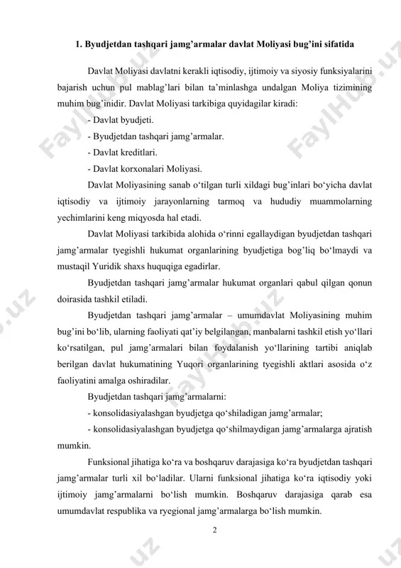 hozirgi kunda respublikamizda bir nyechta byudjetdan tashqari jamg’armalar faoliyat kо‘rsatmoqda: - pyensiya jamg’armasi (ijtimoiy sug’urta jamg’armasi birgalikda) shular jumlasidandir. pyensiya jamg’armasi – bu pyensiya bilan ta’minlovchi davlat moliya boshqaruvining organidir. bu jamg’arma mustaqil moliya instituti hisoblanib, bu jamg’armaning mablag’lari davlat byudjeti tarkibiga kirmaydi. pyensiya jamg’armasi bilan davlat byudjetining farqli tomoni shundan iboratki, о‘z resurslarining hissasi balandligi va markazlashtirilgan manbalardan katta mablag’ va dotasiyalarni rad etadi. maxsus pyensiya tо‘lovlari ijtimoiy himoya doirasida shaxsiy funksional vazifaga ega bо‘lib, tushumlar va mablag’lar bilan qо‘shilmagan holda pyensiya jamg’armasida tо‘planadi. pyensiya jamg’armasi idoralari pyensiya jamg’armasi byudjetining ijro etilishi bо‘yicha о‘zbekiston respublikasi moliya vazirligi tasdiqlagan byudjetdagi korxona va tashkilotlar uchun buxgaltyerlik hisobining hisob varaqlari rejasini qtllagan holda hisob yuritadilar va yilning har choragida pyensiya jamg’armasi byudjetining ijro etilishi haqida moliyaviy hisobotlarini tuzadilar. mamlakatimiz о‘zining 22 yillik tarixi mobaynida ijtimoiy xayotning barcha jabxalarida tub islohotlarni amalga oshirish imkoniyatlariga ega bо‘ldi. istiklolga erishilgandan sо‘ng о‘tgan yillar mobaynida respublikada …