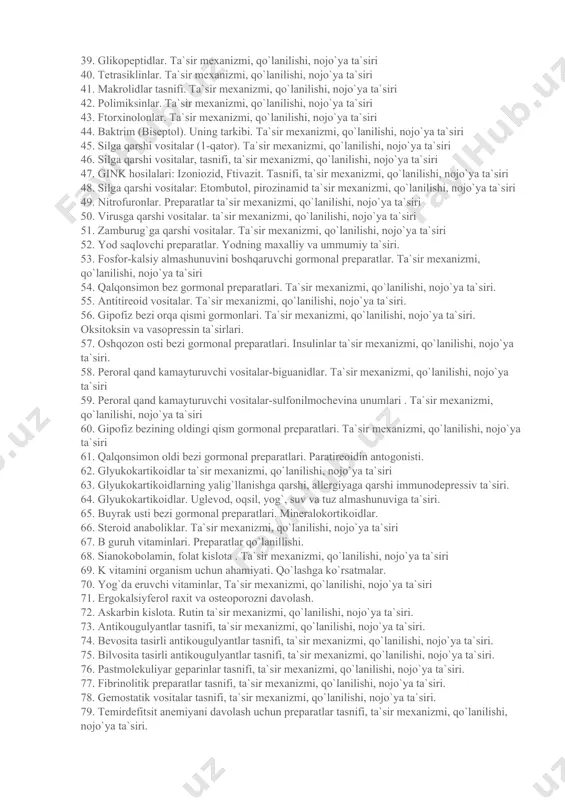 tetiklardan farqi. ta`sir spektori, qo`lanilishi. 27. sefolosporinlar , ta`sir mexanizmi, ta`snifi, qo`lanilishi. 28. sulfanilamidlar, ichak bo`shlig`iga ta`sir qiluvchi, qo`lanilishi. 29. maxalliy ta`sirli sulfanilamid preparatlari. ta`sir mexanizmi, qo`lanilishi. 30. kombinirlangan sulfanilamid preparatlar. ta`sir mexanizmi, qo`lanilishi. 31. ftorxinolonlar. mikrobga qarshi ta`sir spektri, qo`lanilishi. 32. penitsillin guruhi antibiotiklari. tasnifi. 33. penitsillin guruhi antibiotiklari , nojo`ya ta`siri, qo`lashga ko`rsatma. 34. sefolosporinlar, ta`sir mexanizmi, preparatlar qo`lanilishi. 35. monobaktamlar ta`sir mexanizmi, qo`lanilishi, nojo`ya ta`siri 36. karbapenemlar. ta`sir mexanizmi, qo`lanilishi. nojo`ya ta`siri 37. aminoglikozidlar. ta`sir mexanizmi, qo`lanilishi, nojo`ya ta`siri 38. linkozamidlar. ta`sir mexanizmi, qo`lanilishi, nojo`ya ta`siri 39. glikopeptidlar. ta`sir mexanizmi, qo`lanilishi, nojo`ya ta`siri 40. tetrasiklinlar. ta`sir mexanizmi, qo`lanilishi, nojo`ya ta`siri 41. makrolidlar tasnifi. ta`sir mexanizmi, qo`lanilishi, nojo`ya ta`siri 42. polimiksinlar. ta`sir mexanizmi, qo`lanilishi, nojo`ya ta`siri 43. ftorxinolonlar. ta`sir mexanizmi, qo`lanilishi, nojo`ya ta`siri 44. baktrim (biseptol). uning tarkibi. ta`sir mexanizmi, qo`lanilishi, nojo`ya ta`siri 45. silga qarshi vositalar (1-qator). ta`sir mexanizmi, qo`lanilishi, nojo`ya ta`siri 46. silga qarshi vositalar, tasnifi, …