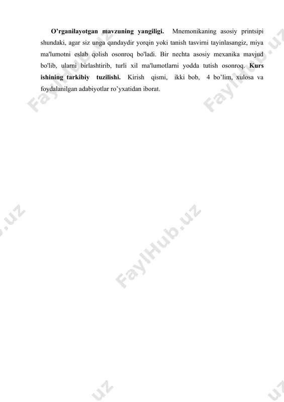 i mashqlarsiz o'zlashtirish mumkin emas. yodlash malakasi shakllangandan so'ng, odam bu ko'nikmani qo'llashi yoki ishlatmasligi mumkin. ma'lumotlarning o'zi eslab qolmaydi. yodlash uchun har safar siz shakllangan yodlash qobiliyatini qo'llashingiz kerak bo'ladi - miyada ma'lumotni mustahkamlashga olib keladigan ma'lum aqliy harakatlar ketma-ketligi.[5] mnemonika tomonidan taqdim etilgan yodlash sifatini kompyuterdagi papkalar bo'ylab harakatlanish bilan solishtirish mumkin. ammo, afsuski, har bir "mnemonik papkada" ko'p ma'lumotni yozib bo'lmaydi - masalan, birdan bir necha o'nlab telefon raqamlari. yodlangan ma'lumotni to'g'ridan-to'g'ri va teskari tartibda, shuningdek, xotirada mavjud bo'lgan barcha ma'lumotlarni ko'zdan o'tkazmasdan tanlab ko'paytirish mumkin. xotirada ma'lumotni saqlash muddati to'liq nazorat qilinadi. siz ma'lumotni atigi bir soat eslab qolishingiz yoki uni butun umrga saqlashingiz mumkin. yodlangan ma'lumotni o'z o'rniga yangi ma'lumotlarni eslab qolish orqali ongli ravishda miyangizdan o'chirish mumkin. agar ilgari psixologlar inson xotirasini texnik qurilmalar xotirasi bilan solishtirishga harakat qilgan bo'lsa, yaqinda buning aksi kuzatildi. zamonaviy kompyuterlar va dasturiy ta'minotni yaratuvchilar o'z g'oyalarini neyrofiziologiya darsliklaridan …