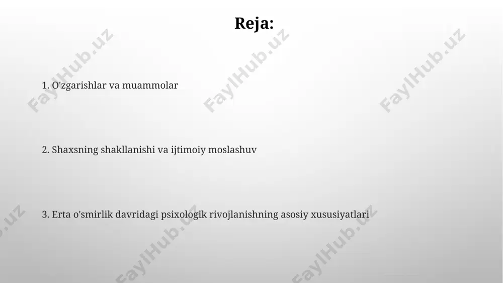tlari ushbu davrda, o'smirlarning xotirasi sezilarli darajada yaxshilanadi, ular 7 +/- 2 dan ko'proq ma'lumotni bir vaqtning o'zida ushlab turishlari mumkin bo'ladi, bu esa maktabdagi o'qish jarayoniga va yangi ma'lumotlarni o'zlashtirishga ijobiy ta'sir qiladi. erta o'smirlik davrida, taxminan 11-13 yosh oralig'ida, abstrakt fikrlash qobiliyati rivojlana boshlaydi, bu ularga gipotetik vaziyatlarni tahlil qilish va murakkab muammolarni hal qilish imkoniyatini beradi, masalan, algebra masalalari yoki falsafiy muammolar kabi. erta o'smirlik davrida yordam va qo'llab-quvvatlash erta o'smirlik davrida (11-13 yosh), o'zbekistonlik o'smirlarning 70% ga yaqini o'zgarishlarga moslashishda qiyinchiliklarni boshdan kechirmoqda va ota-onalarning faol qo'llab-quvvatlashiga muhtoj. o'zbekistondagi maktablarda 2023 yilda o'tkazilgan so'rovnomalarga ko'ra, o'qishdagi muvaffaqiyatsizliklarning 40% i erta o'smirlik davridagi psixologik noqulayliklar bilan bog'liq. tengdoshlar bilan munosabatlar erta o'smirlik davrida tengdoshlar bilan munosabatlarning ahamiyati 12-15 yoshdagi o'g'il-qizlar uchun o'ta muhim bo'lib, ularning o'ziga xos shaxsiyatini shakllantirishda va ijtimoiylashuvda muhim rol o'ynaydi, masalan, toshkentdagi maktablarda kuzatiladi. o'smirlarning tengdoshlari bilan bo'lgan munosabatlarida, 30% hollarda, konfliktlar va …