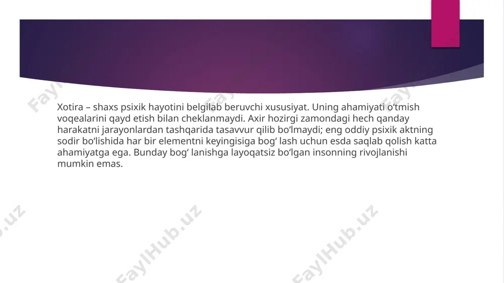 ning motivlari, maqsadlari va faoliyat usullari bilan belgilanadi. esda olib qolish ham qisqa muddatli va uzoq muddatli, ixtiyoriy va ixtiyorsiz esda olib qolish tarzida bo‘ladi. biror narsani eslayotganimizda nima sodir bo'ladi? javob to'liq tushunilmagan. biroq, miya ko'rish texnologiyasi ma'lumotlarning turli turlarini yodga olganda, miyaning turli qismlari neyronlari faollashtirilganligini aniqlash imkonini berdi. bizda bir xotira yo'q. va bir nechta tizimlar mavjud va ularning har biri o'z roliga ega, biroq xotira rivojlantirishning usullari va metodlari yaxshilanishga yordam beradi. fikrning anatomiyasi ikkita asosiy xotira mavjud, ular birinchi navbatda axborotni saqlash muddati bilan farq qiladi. qisqa muddatli xotira - bu sizning boshingizda ma'lumotlarni bir necha soniyadan bir necha soatgacha saqlashga qodir. buni vaqtinchalik zarur ma'lumotni qo'llaydigan shtat taxtasi bilan taqqoslash mumkin. keyinchalik, agar miya zarur deb hisoblasa, bu ma'lumotlarning bir qismi uzoq muddatli xotiraga kiradi va bir qismi o'chiriladi. qisqa muddatli xotira o'ylashda muhim rol o'ynaydi: aqlda hisob-kitob qilish jarayoniga, geometrik analogiyani qurish, nutqqa …