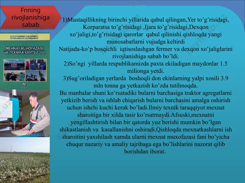 shni tashkil etish sharti va intizomi ishchilarni maxsus kiyimi, shaxsiy ximoya vositasi bilan taminlanganliklar kiradi. texnik omil ishlab chiqarish jarayonlarini mexanizatsiyalash va avtomatlashtirish darajasi sanitareya-gigena omil ish joylarini sanitareya xolatini (meyorlariga) javob berish bermaslik. joyning geografik o’rni va metralogik xollari (dengiz satxiga nisbatan balandligi, sel, xavoning,almashtirishlar kiradi). tabiiy iqlim omillari imperyal com ₂₂ ₇₇√ 91.495.22.77 nazorat uchun savollar. faining maqsadi va vazifalari nimada? xavfli va zararli omil nima? xayot faoliyati xavfsizligi deganda nimani tushunasiz? fanning moxiyati va vazifasini tushuntiring? o’zbekiston respublikasida mexnat muxofazasi qanday? e’tiboringiz uchun raxmat! image1.jpeg image2.jpeg image3.jpeg image4.jpeg image5.jpeg image6.jpeg image7.jpeg image8.jpeg image9.jpeg image10.jpeg image11.jpeg image12.jpeg image13.png image14.jpeg image15.jpeg image16.jpeg image17.jpeg image18.jpeg image19.jpeg image20.jpeg image21.png image22.jpeg image23.jpeg image24.jpeg /docprops/thumbnail.jpeg