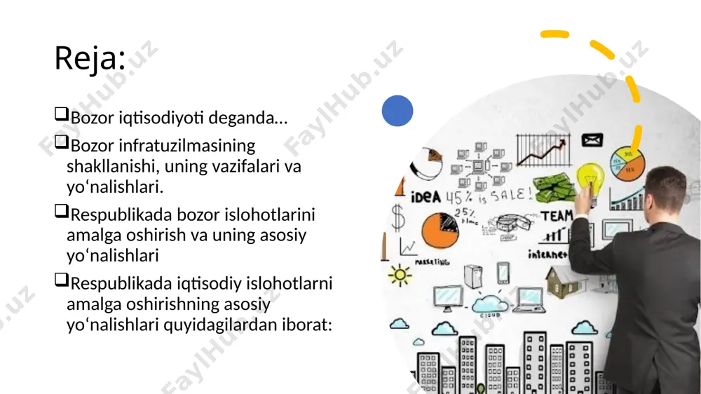 birjalar, auksionlar, savdo uylari, savdo-sotiq idoralari va agentliklari kabilar), moliya-kredit munosabatlariga xizmat qiluvchi muassasalar (bank turidagi muassasalar, kreditlash idoralari, sugʻurta va moliya kompaniyalari, soliq idoralari) va ijtimoiy sohaga xizmat koʻrsatuvchi muassasalar (uy-joy va kommunal xizmat idoralari, aholini ishga joylashtirish firmalari) kiradi. axborot xizmati idoralari ham bozor infratuzilmasining alohida boʻgʻinini tashkil qilib, ularga maʼlumotlarni toʻplash, umumlashtirish va sotish bilan shugʻullanuvchi kompaniya va firmalar kiradi. iqtisodiy munosabatlar va tashkiliy-boshqaruv tuzilmalarining bir turidan butunlay boshqa yangi turiga o‘tish, iqtisodiy islohotlar strategiyasini ishlab chiqish va uning asosiy yo‘nalishlarini aniqlab olishni taqozo qiladi. iqtisodiy islohotlar-bu bozor munosabatlarini shakllantirishga qaratilgan chora-tadbirlar majmuidir. iqtisodiy islohotlardan ko‘zda tutilgan maqsad mamlakat aholisi uchun yashash va faoliyat qilishning eng yaxshi sharoitlarini yaratish, ularning ma’naviy-axloqiy yetukligiga erishish, iqtisodiy, ijtimoiy-siyosiy barqarorlikni ta’minlashdan iborat. islohotlarni amalga oshirishdan oldin bozor iqtisodiyotiga o‘tishning nazariy modeli yaratildi. bu modelda iqtisodiyotga o‘tishning umumiy tomonlari va milliy xususiyatlari nazarda tutiladi, islohotlarning asosiy yo‘nalishlari belgilanadi. asosiy tayanch tushunchalar bozor …