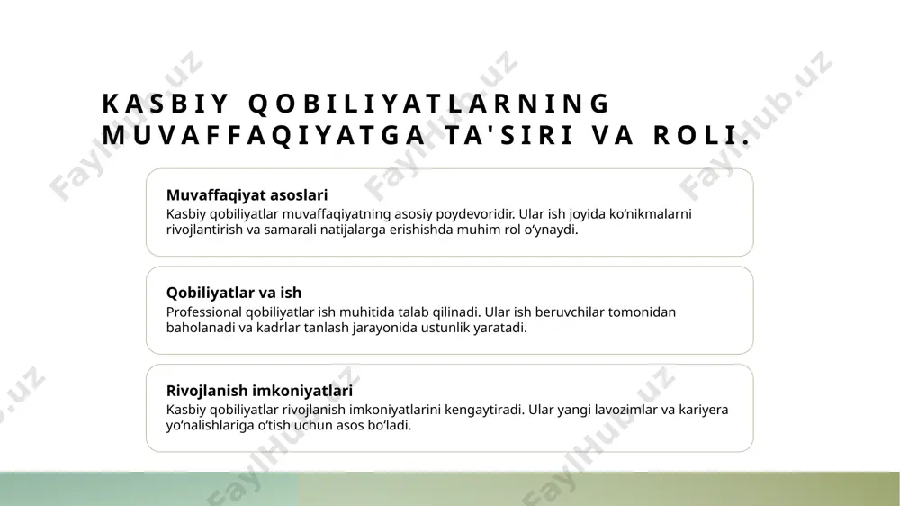 va bilimlar aniqlanadi. 3 portfel baholash - portfel baholash usuli shaxsning ishlarini, loyihalarini va malakalarini ko'rsatadi. bu usul ish beruvchilarga nomzodning qobiliyatlarini chuqur tushunishga yordam beradi. 4 amaliyot va tajriba - amaliyot va tajriba qobiliyatlarni aniqlashda muhim ahamiyatga ega. ish joyidagi tajriba, ko'nikmalarni rivojlantirishda va baholashda asosiy manba hisoblanadi. psixologik testlar orqali qobiliyatlarni baholash 01 psixologik testlar psixologik testlar insonning qobiliyatlarini o'lchashda muhim vosita hisoblanadi. ular kognitiv, emotsional va ijtimoiy ko'nikmalarni aniqlaydi. 02 test turlari psixologik testlar turli xil bo'lib, aqliy qobiliyat, shaxsiy xususiyatlar va ijtimoiy ko'nikmalarni baholovchi testlardan iborat. har bir turi o'z maqsadi va metodologiyasiga ega. 03 natijalar tahlili test natijalari qobiliyatlarni aniqlashda yordam beradi. ular shaxsning kuchli va zaif tomonlarini ko'rsatib, kasbiy yo'nalishni belgilashga yordam beradi. 04 o'zbekiston tajribasi o'zbekistonda psixologik testlar orqali qobiliyatlarni baholash so'nggi yillarda keng tarqalmoqda. bu metodlar kasbiy rivojlanishni qo'llab-quvvatlaydi va ish beruvchilarga foydali. ish joyidagi tajriba va ko'nikmalarni baholash metodlari 1 ish …
