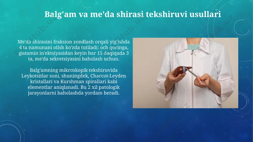 niqlash muhim. makroskopik tekshirish davomida balg'amning miqdori (ml da), rangi (masalan, shaffof, sariq, yashil) va hidiga (yoqimsiz, chirigan) e'tibor qaratiladi. o'zgarishlar diagnostik ahamiyatga ega. gastrik sharbatni olish usullari gastrik sharbatni fraktsion olishda zondlashdan so'ng, 15 daqiqa oralig'ida 4-8 ta namunalar olinadi, bu esa kislota ishlab chiqarish dinamikasini baholashga imkon beradi va ph o'lchash usulini o'tkazishga yordam beradi. maxsus sinov ovqatdan foydalanib, gastrik sekretsiyani rag'batlantirish mumkin. masalan, 200 ml karam suvi yoki 5% li etil spirti eritmasi gastrik sharbatning sekretsiyasini kuchaytirishi mumkin. balg'amni kultura orqali tekshirish bakterial kultura, 37°c da 24-48 soat davomida o'stiriladi. o'sish bor yoki yo'qligi, koloniyalar soni va morfologiyasi aniqlanadi. bu, nafas yo'llari infeksiyasini tashxislashda muhim ahamiyatga ega. mycobacterium tuberculosis'ni aniqlash uchun, maxsus lowenstein-jensen muhitidan foydalaniladi. o'sish 6-8 hafta davom etishi mumkin. agar o'sish bo'lsa, ziehl-neelsen usuli bilan bo'yash orqali kislotaga chidamli bakteriyalar tekshiriladi. gastrik sharbatning mikroskopik tahlili gastrik sharbatda mikroskop ostida ovqat qoldiqlari (tolalar, kraxmal donachalari), bakteriyalar …