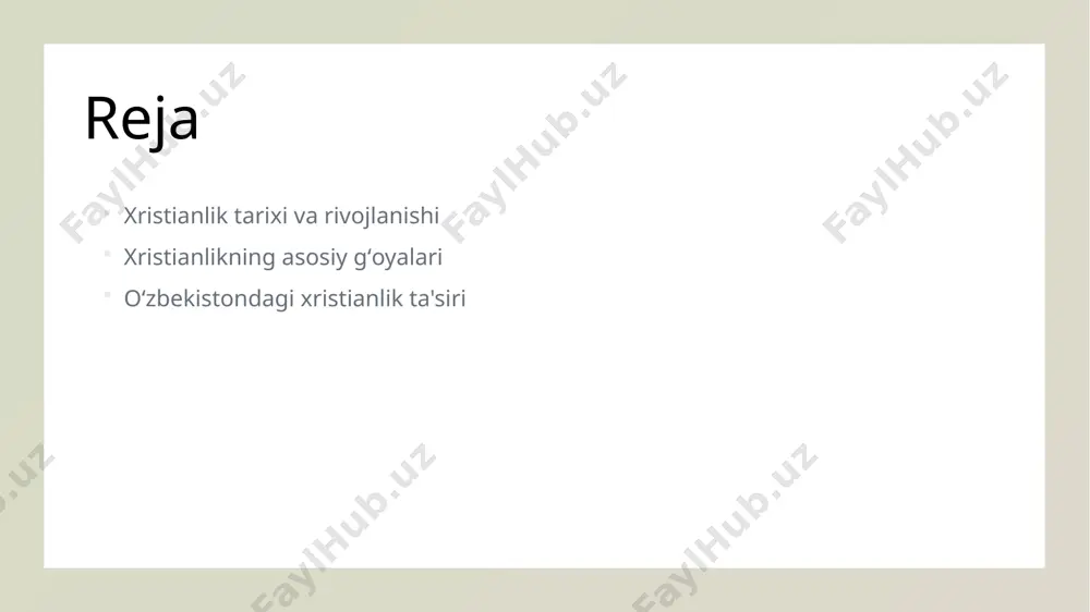 larga qarshi kurashda faol ishtirok etmoqda, odamlarni birlashtirishga intilmoqda. xristianlikning asosiy e'tiqodlari va ularning mohiyati. xristianlikning asoslari ota, o'g'il, ruh qutqarilish va imon xristianlik, iso masihning hayoti va ta'limotlariga asoslangan bo'lib, uyni xudoning o'g'li sifatida qabul qilishni o'z ichiga oladi. xristianlik, ota, o'g'il va muqaddas ruhdan iborat bo'lgan uch birlik e'tiqodini ta'kidlaydi, bu esa xudo mohiyatining birligini anglatadi. xristianlikda qutqarilish, iso masihga imon keltirish orqali erishiladi. bu, gunohlar uchun kechirim va abadiy hayot umidini ta'minlaydi. xristianlikdagi ahloqiy qadriyatlar va ijtimoiy ta'siri. xristianlik va ahloq xristianlikda ahloqiy qadriyatlar, masalan, sevgi, insof va kechirimlilik, insoniyatni birlashtirishda muhim rol o'ynaydi. ijtimoiy ta'sir xristianlik ijtimoiy tuzilmalarni shakllantirishda, jamiyatda adolat va tenglik g'oyalarini rivojlantirishda muhim ahamiyatga ega. zamonaviy ahloqiy muammolar xristianlik zamonaviy davrda ahloqiy muammolar, masalan, adolat, muhojirlik va ijtimoiy tenglik kabi masalalarda yo'l-yo'riq ko'rsatadi. xristianlik va uning zamonaviy dunyodagi roli va ahamiyati. xristianlikning ta'siri diniy pluralizm global ta'sir xristianlik, zamonaviy jamiyatda ijtimoiy, madaniy va …