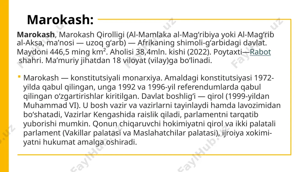 tartibga solish siyosatini yurgiza boshladi. yalpi ichki mahsulotda qishloq xoʻjaligining ulushi 18%, sanoatniki 19,6%ni tashkil etadi. например, город витебск, находящийся в белоруссии, тесно связан с именем художника марка шагала. сегодня мы отправимся на экскурсию из нашей школы в витебск сквозь расстояния и время... 4 iqtisodiyoti qishloq xoʻjaligi — marokash iqtisodiyotining negizi. ekiladigan yerlar 7,5 mln. gektardan ortiq, bu yerlarning koʻp qismiga donli ekinlar ekiladi. iqtisodiy faol aholining 50% qishloq xoʻjaligida band. yalpi ichki mahsulotning 1/5 va eksportning 1/3 qismini q.h. taʼminlaydi. dehqonchilik mahsulotining yarmidan koʻprogʻini donli ekinlar beradi. 5 mayda falloh xoʻjaliklari bilan bir katorda yirik mexanizatsiyalashgan serdaromad hoʻjaliklar ham mavjud. chorvachilikda qoramol, qoʻy, echki, tuya boqiladi. baliqchilik va parrandachilik rivojlangan. oʻrmonlarda poʻkakli dub qobigʻi va evkalipt yogʻochi, palma bargi tayyorlanadi. bugʻdoy, arpa, makkajoʻxori, oq joʻxori, tariq va sholidan yaxshi hosil olinadi. kartoshka, qand lavlagi, pomidor, paxta, dukkaklilar ham yetishtiriladi; tokzorlar, zaytunzorlar, sitruszorlar koʻp. jami yer fondining 28% (12,5 mln.ga)ni …