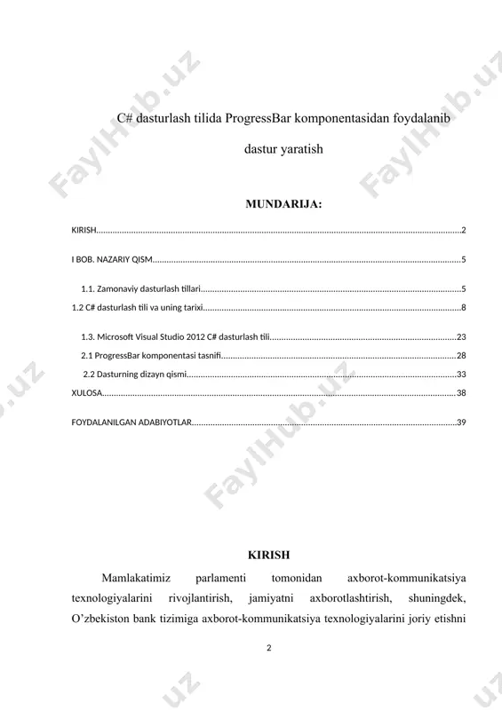 rot texnologiyalari asrida dasturiy ta’minot o’rni beqiyos. kundalik davomida foydalanadigan texnologiyalarimiz: kompyuter, planshet, uyali telefon (smartfon) va h.k. lar dasturiy ta’minot asosida ishlaydi. dasturiy ta’minot bozor iqtisodiyotida katta foyda keltirmoqda. dasturiy ta’minotlar ichida eng ajralib turadigani bu o’yindir. sababi boshqa dasturiy ta’minotlardan ko’ra talab va qiziqish ko’proq. kurs ishining maqsadi progressbar komponentasini o’rganish va progressbar komponentasi yordamida dasturlar yaratish. kurs ishi kirish, ikkita bob, xulosa, foydalanilgan adabiyotlar ro’yhati va ilovadan tashkil topgan. birinchi bobda zamonaviy dasturlash tillari, c# tarixi hamda dasturda ko’p ishlatiladigan komponentalar to’g’risida bayon qilingan. ikkinchi bob progressbar komponentasi tasnifi hamda u yordamida tuzilgan dasturni yoritishga bag’ishlangan. xulosada kurs ishi tamomlanishida o’rganilgan bilimlar, xulosalar va tahlillar bayon qilingan. i bob. nazariy qism. 1.1. zamonaviy dasturlash tillari. kompyuterda dasturlash - bu kompyuter mikroprotsessori uchun turli buyruqlar berish, qachon, qayerda nimani o'zgartirish va nimalarni kiritish yoki chiqarish haqida buyruqlar berishdir. ushbu kurs ishida, qanday dasturlash tillari borligi, eng keng tarqalgan …