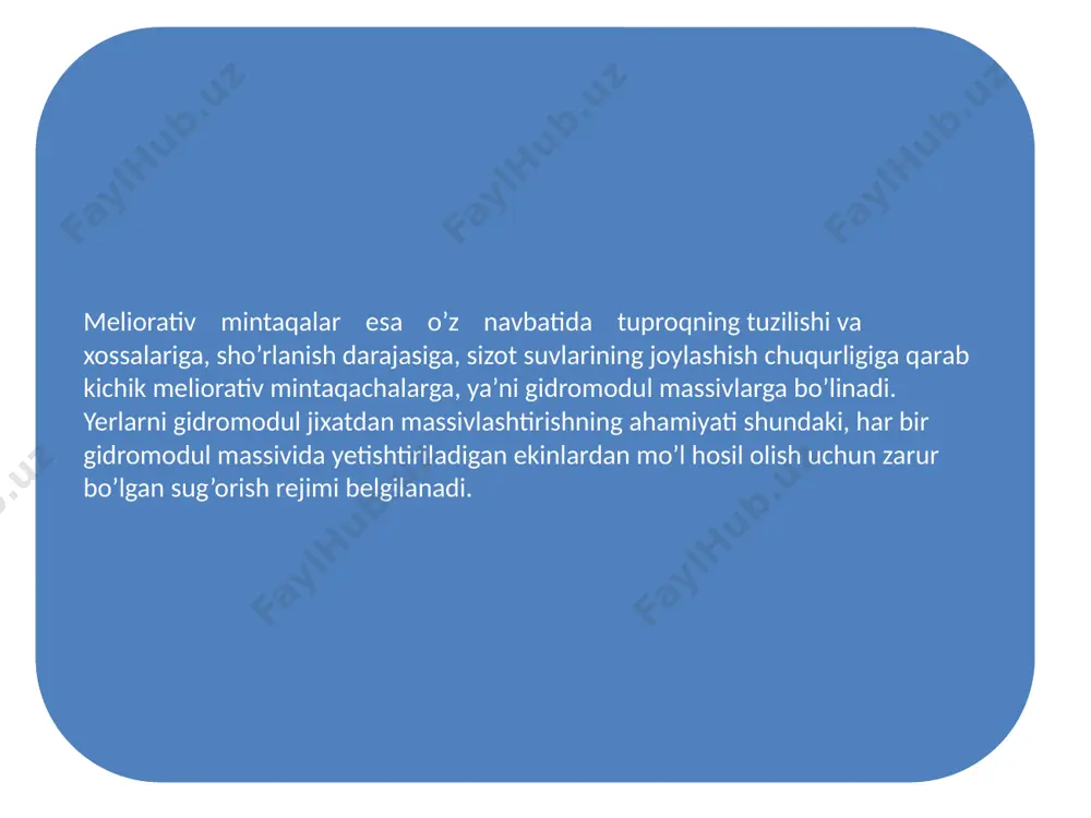 v-fizik xossalarini yaxshilaydi, tuproq unumdorligini oshiradi (200-400 kg/ga gacha sof azot to’playdi). sho’rlangan yerlarda asosan qisqa rotasiyalik almashlab ekish tizimlarini joriy qslish lozim. bunda 3:3; 3:4; 3:5; 3:4:1:2 (3 dala beda, 6 dala g’o’za, 1 dala donli va shu dalaga ko’kat ekinlari ekiladi) sxemalarda g’o’za, beda, donli ekinlar almashlab ekish tizimlari qo’llaniladi. bulardan tashqari o’rtacha va kuchli sho’rlangan yerlarni meliorativ holatini yaxshilash uchun maxsus meliorativ dala almashlab ekish tizimlaridan foydalaniladi. bunda almashlab ekish 1:3:5; 1:3:1:1; 1:3:4:1:1 sxemalarda bo’ladi. ushbu sxemalarda bitta dala meliorasiya dalasi bo’lib, unda turli (tekislash, yumshatish, kimyoviy meliorasiya, sho’r yuvish, kollektor-zovur tarmoqlarini ta’mirlash) meliorasiya ishlari olib boriladi savollar: 1.suvdan rejali foydalanishning meliorativ ahamiyati nimada? 2.qanday sizot va yer osti suvlaridan ekinlarni sug’orishda foydalanish mumkin? 3.meliorativ mintaqalar, ularning bir-biridan farqi nimada? 4.suvni tejaydigan yangi usullarning afzalliklari haqida gapirib bering? 5. kuzatuv quduqlarining ahamiyati nimalardan iborat? 6. asosiy va joriy tekislashning bir-biridan farqi nimada? 7.o’rtacha va kuchli sho’rlangan yerlarga …