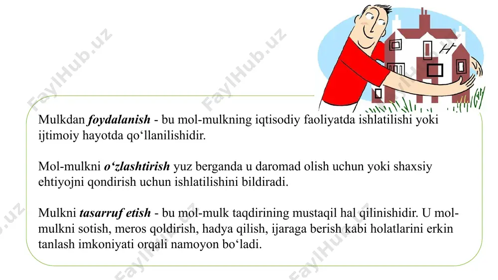 dan korxonalar qurish, davlatga qarashli korxona va tashkilotlarda investitsiyalarini amalga oshirish. jamoa mulki - muayyan maqsad yo‘lida o‘zlarida bo‘lgan ishlab chiqarish vositalarini umumlashtirib jamoaga birlashgan kishilar tomonidan moddiy va ma’naviy boyliklarni hamjihatlik bilan o‘zlashtirishni bildiradi. jamoa mulki davlat mulkini korxona jamoasi sotib olishi, badal to‘lab korxona qurishi, aksiya chiqarib, ularini sotish kabi yo‘llar orqali paydo bo‘ldi. shaxsiy mulk - bu fuqarolar mulki bo‘lib, ularning oilaviy faoliyat yuritishida shaxsiy yoki oilaviy mehnatga asoslanib, o‘z ehtiyoj ini qondirishiga xizmat qiladi. bu mulk shakli asosan shaxsning yoki uning oila a’zolarining mehnati va undan kelgan daromadlari asosida ko‘payadi va rivoj topadi. xususiy mulk - bir shaxsga jumladan, tadbirkorga qarashli bo‘lib, yollanma mehnatga asoslangan holda daromad olishga qaratilgan mulkdir. bu yerda mulk egasi bilan tadbirkomi bir xil qarash kerak emas. mulk egasi o‘z mulkini o‘zi yuritishi ham mumkin, uni tadbirkorga ijaraga berishi ham mumkin. o‘zbekistonda mulkni davlat tasarrufidan chiqarish va xususiylashtirish maqsadi, yo‘llari va usullari …