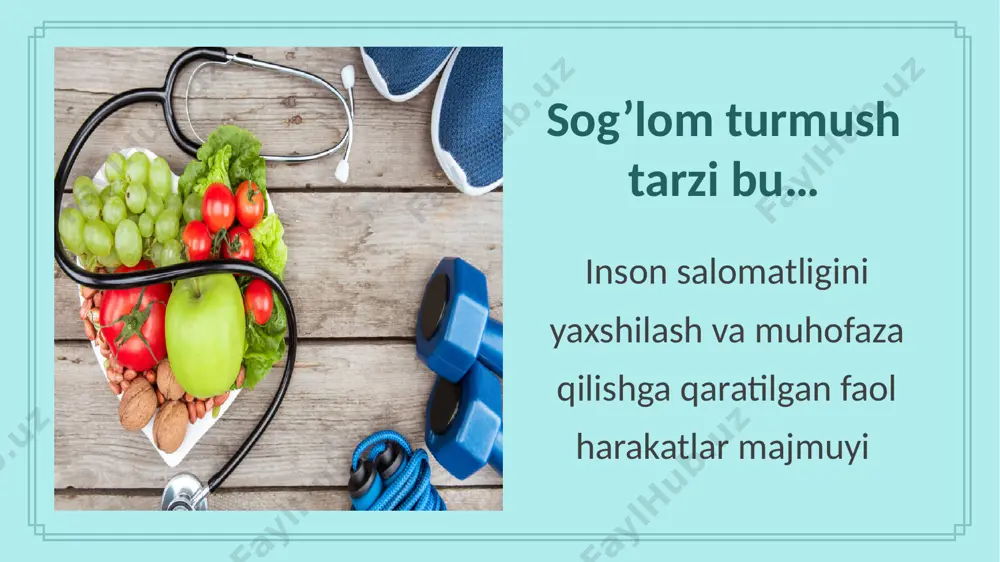 n davomida yetarlicha suv ichish: -uyqudan uyg’onish bilan; -jismoniy tarbiyadan so’ng; -ovqatlanishdan 30 minut oldin; -uyqudan oldin; -dush qabul qilishdan oldin; -ba’zi kasalliklarda; -charchoq his qilganda autofagiya va uning foydalari suratdagi inson yaponiyalik olim yosinori osumi bo’lib, 2016- yilda autofagiyaning inson organizmiga ta’sirini o’rgangani uchun fiziologiya va tibbiyot yo’nalishida nobel mukofotini qo’lga kiritgan. bundan 14 asr avval nozil bo’lgan qur’oni karimda farz qilingan ro’za ibodati autofagiya jarayonidan iborat. shaxsiy gigiyenaga rioya qilish poklik iymondandur ! tana tozaligiga e’tibor berish kontras dush qabul qilish har ovqatlanishdan so’ng tishlarni yuvish tirnoqlarni kaltalatish toza kiyimlar kiyish atrof muhitga munosabatni avvalo uydan va yashash muhitidan boshlash! kuniga kamida 30 daqiqa uy ishlari uchun ajratish; uyni keraksiz buyumlardan halos etish; har bir narsani o’z joyi bo’lishi muhim! uydan tashqarida ham tozalik va tartibga rioya qilish ekologik muammolarga befarq bo’lmaslik atrof muhit gigiyenasi zararli odatlarga berilmaslik alkogolizm chekish giyohvandlik asabiylik kamharakatlik prokrastinatsiya to’yib ovqatlanish gigiyenaga rioya …