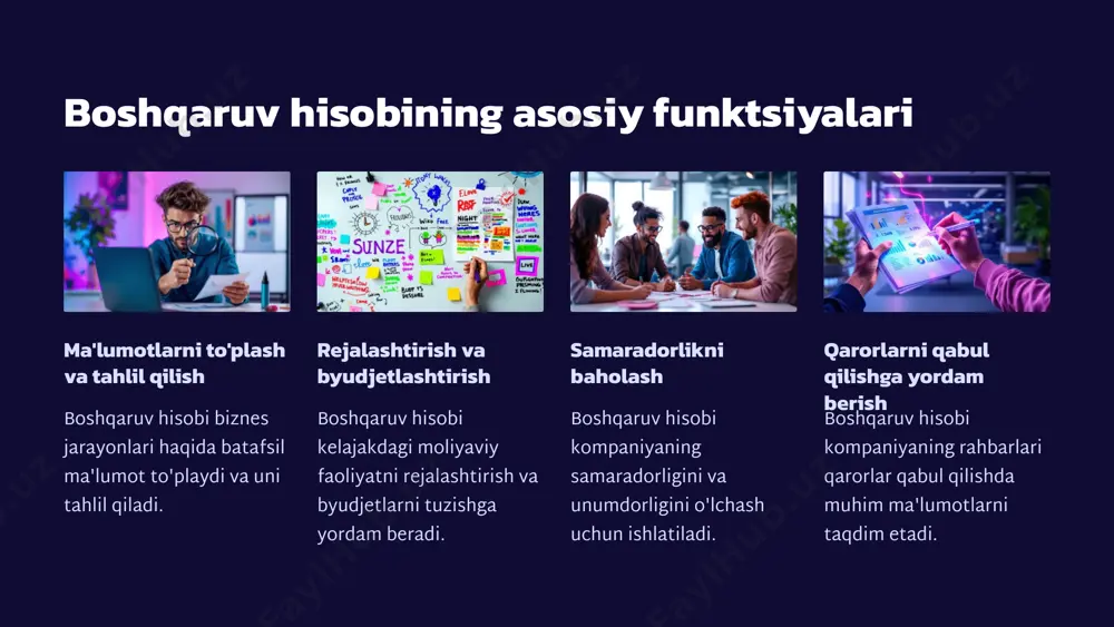 linadi va optimallashtiriladi. 3 3. resurslarni taqsimlash bo'limlarga resurslarni taqsimlash uchun asos bo'ladi. 4 4. muammolarni aniqlash bo'lim ma'lumotlari muayyan bo'limlarda mavjud bo'lgan muammolarni aniqlashga yordam beradi. korxonaning narx siyosati korxonaning narx siyosati tovar va xizmatlar narxini belgilash, ularni bozorga chiqarish va raqobatlashish strategiyasini o'z ichiga oladi. narx siyosati korxona maqsadlariga, raqobat darajasiga, xaridorlar ehtiyojiga, xarajatlarga va boshqa omillarga bog'liq bo'ladi. narxlash usullari tavsif xarajatga asoslangan mahsulotni ishlab chiqarish xarajatlariga asoslangan raqobatga asoslangan raqobatbardoshlik narxini belgilash qiymatga asoslangan xizmatning qiymatiga asoslangan byudjetlashtirish va nazorat byudjet yaratish dastlabki byudjet qiymatlarni tahlil qilish va rejalashtirish orqali yaratilishi kerak. byudjetni amalga oshirish byudjet amalga oshirish jarayoni bo'yicha turli xil xarajatlar va daromadlarni nazorat qilishni o'z ichiga oladi. byudjetni tahlil qilish amaldagi byudjet bilan rejalashtirilgan byudjet o'rtasidagi farqni tahlil qilish va sabablarini aniqlash muhimdir. byudjetni tuzatish zarurat bo'lganda byudjetni o'zgartirish va yangilash, tahlil natijalariga asoslangan qarorlar qabul qilish kerak. e'tiboringiz uchun rahmat image1.png image2.png …