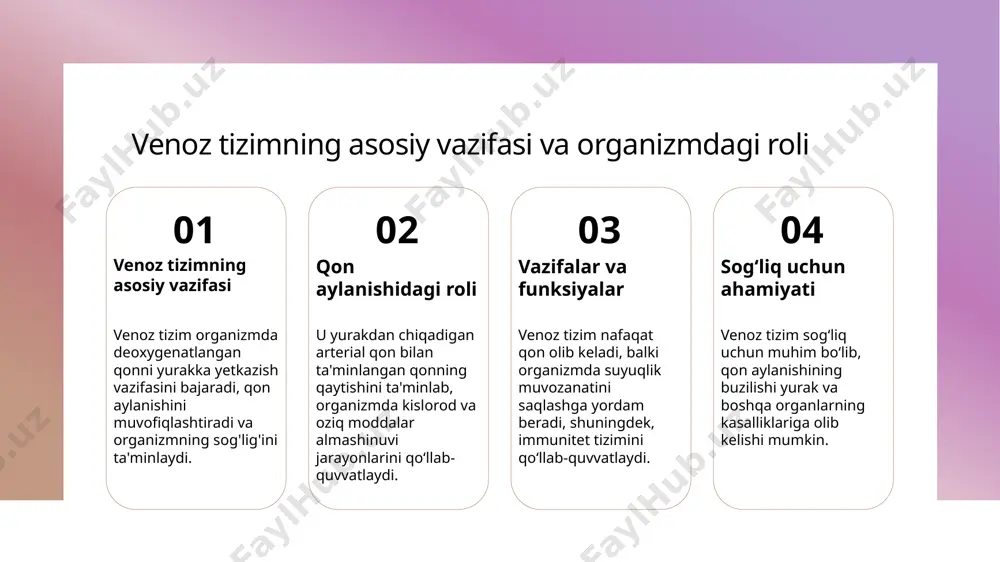 urak va qon tomirlarining sog‘lomligini ta’minlaydi. venalar va qon aylanishining o‘ziga xos anatomik va fiziologik xususiyatlari 1 venalar strukturasi venalar ichki qatlamda mayda лumanlardan tashkil topgan, keng va yupqa devorlarga ega bo‘lib, ularning elastikligi qon bosimining barqarorligini ta’minlaydi. 2 qon oqimi xususiyatlari venalarda qon oqishi sekin va tartibli bo‘lib, u venoz klapanlar bilan ta’minlangan, bu esa qonning ortib ketishini oldini oladi va yurakka qaytarilishini ta’minlaydi. 3 fiziologik o'ziga xosliklar venalar deyarli yassi va keng bo‘lib, ular qonni bosim pasayishi bilan yurakka yetkazishga qaratilgan bo‘lib, bu jarayon qon aylanishining muhim qismidir. venoz qon aylanishining tartibi va qon bosimi nazorati 1 qon bosimi nazorati venoz qon aylanishida qon bosimi past va barqaror bo‘lishi muhim, chunki bu yurak va venalar o‘rtasidagi muvozanatni ta'minlaydi. bu qon oqimini tartibga soladi va sog‘liqni saqlashda muhim rol o‘ynaydi. 2 venoz qon oqimi venalar orqali qon yurakka qaytadi, bu jarayon qon bosimini pasaytiradi va qon aylanishining davomiyligini ta'minlaydi. …