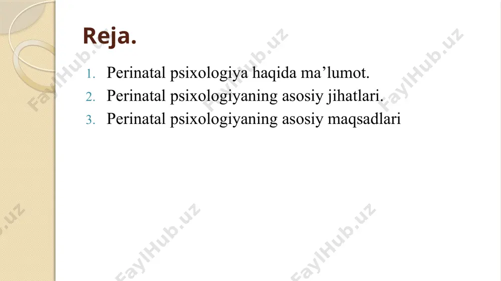 lib keladi. ona va bola o'rtasidagi aloqalar: onalik instinkti va bola bilan aloqaning rivojlanishi perinatal psixologiyaning asosiy mavzularidan biridir. ayolning bola bilan o'zaro aloqasi tug'ishdan oldin, tug'ish vaqtida va tug'ishdan keyin ham davom etadi. bu aloqaning kuchayishi, ona va bola o'rtasida emotsional bog'lanishning mustahkamlanishi uchun juda muhimdir. bola bilan aloqaning rivojlanishi va onaning ruhiy holati, bola ijtimoiy, emotsional va ruhiy rivojlanishida katta ahamiyatga ega. ayolning psixologik tayyorlanishi: homiladorlik va tug'ish jarayoniga psixologik tayyorgarlik, ayolning bu jarayonga qanday tayyorlanishi va yangi oila a'zosi bo'lishga qanday yondashishini o'rganadi. birinchi marta homilador bo'lgan ayollarda bu tayyorgarlik juda muhim bo'lib, ular uchun psixologik qo'llab-quvvatlash va yordam zarur. psixologik tayyorlanishning ahamiyati homiladorlikning barcha bosqichlarida — ayolning o'zini qanday his qilishiga, u qanday his-tuyg'ularni boshdan kechirayotganiga va qanday stress bilan kurashishiga ta'sir qiladi. sog'liqni saqlash tizimidagi yordam: perinatal psixologiyaning yana bir muhim jihati sog'liqni saqlash tizimi, jumladan, psixologlar, ginekologlar va psixiatrlarning ayollar va ularning oilalariga psixologik …