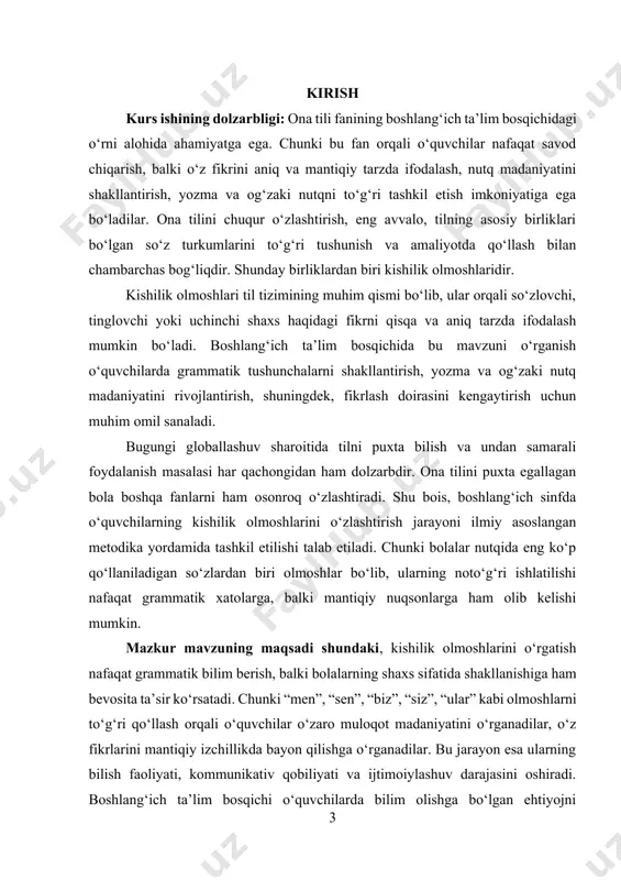 li bu grammatik birliklarning to‘g‘ri o‘rgatilishi bolaning nutq madaniyatini shakllantirishda asosiy mezon hisoblanadi. agar o‘quvchi olmoshlarni noto‘g‘ri ishlatsa, bu uning nafaqat grammatik bilimida, balki muloqot jarayonida ham muammolarni yuzaga keltiradi. ikkinchidan, kishilik olmoshlarini o‘rgatish bolalarda shaxs tushunchasini shakllantirishga xizmat qiladi. chunki “men” tushunchasi bolaning o‘zini anglashiga, “sen” va “siz” tushunchalari esa boshqalarni hurmat qilishga, ijtimoiy munosabatlarni to‘g‘ri yo‘lga qo‘yishga yordam beradi. demak, olmoshlarni o‘qitish faqat grammatik bilim emas, balki tarbiyaviy jarayonning ham muhim qismidir. uchinchidan, zamonaviy ta’lim jarayonida kommunikativ yondashuv ustuvor bo‘lib, bunda o‘quvchilarning muloqot ko‘nikmalarini rivojlantirish eng asosiy vazifa sifatida qaraladi. kishilik olmoshlari esa muloqotning bosh vositalaridan biri bo‘lib, ularning to‘g‘ri va o‘rinli ishlatilishi o‘quvchilarda ijtimoiylashuv, o‘z fikrini aniq ifodalash, suhbatdoshga to‘g‘ri murojaat qilish ko‘nikmalarini shakllantiradi. shuningdek, kishilik olmoshlarini o‘qitishda psixologik omillar ham dolzarblik kasb etadi. birinchi sinf o‘quvchilari hali maktab muhitiga moslashish bosqichida bo‘ladilar. ular uchun “men” va “biz” tushunchalari shaxsiy tajriba asosida shakllanadi. o‘qituvchi bu jarayonda turli …