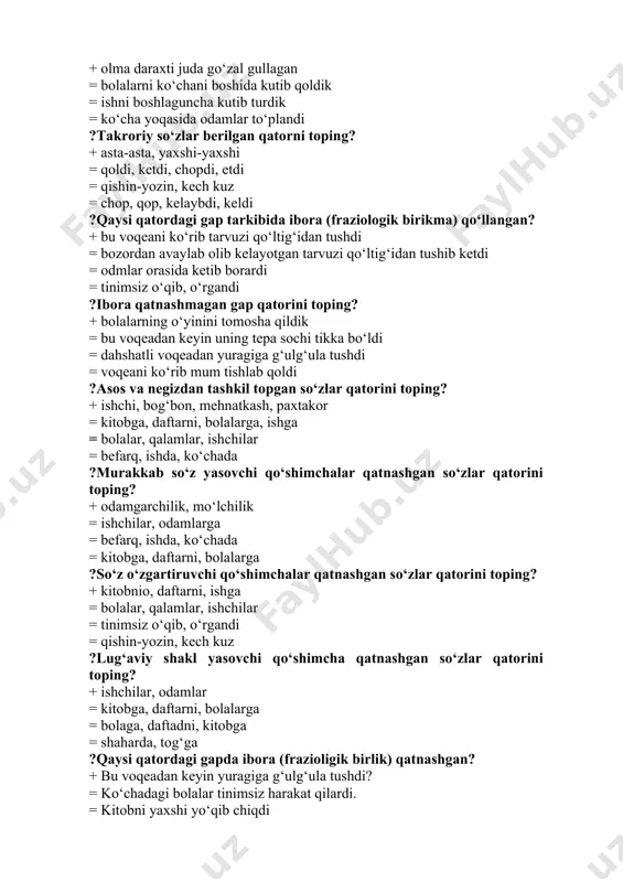 nmaydi ?otdan ot yasalgan va tuzilishiga ko‘ra qo‘shma otlar berilgan qatorni toping? +belbog‘, oshqozon, belkurak =o‘rta osiy, och qizil, oshko‘k =otda ot yasalmaydi =otlar faqat feldan yasaladi ?sifat+ot shaklidagi qo‘shma otlarni belgilang? +kaltafahm, sofdil, oqko‘ngi =yashil chiroq, oshqozon =belbog‘, kaltafahm =beshotar, molboqar 53?oddiy darajadagi sifatlar berilgan qatorni toping? +qizil, oq, sariq, qora =ochqizil, sal qora, ochnimpushti =juda go‘zal, yam-yashil =juda baland, juda kech ?sifatlar tarkibida qanday darajalar mavjud? +oddiy, qiyosiy, ozaytirma, orttirma darajalar mavjud =sifatlarda daraja mavjud emas =oddiy, qiyosiy daraja mavjud, =to‘g‘ri javob mavjud emas. ?orttirma darajadagi sifatlar berilgan qatorni toping? +juda chiroyli gul, yam-yashil o‘tloq =sifatlarda orttirma daraja mavjud emas =ozgina yurish, sal kam vaqt =juda asta yurmoq, ochqizil rang ?bahorda dalalar yam-yashil tusga burkanadi. gap takibidagi sifat darajasini aniqlang? +orttirma daraja =ozaytirma daraja =qiyosiy daraja =sifat darajasi mavjud emas. ?insonlar juda baland chiqqiga qarab harakat qiladi? gap tarkibidagi sifat darajasini aniqlang? +orttirma daraja =sifat darajasi gapda mavjud …