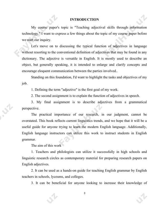ctives and their syntactic function. chapter ii throws light upon the techniques of teaching adjectives. this chapter presents worksheets for teaching lessons about adjectives. conclusion sums up the results of investigation. literature comprises the list of literature used when carrying out the work. the object of the course paper adjective's varieties and classifications the subject of the course paper we have chosen this theme because we like adjectives from our early school age. it was interesting for us to investigate adjectives and to find something new that we didn’t know before. first of all we found out the basical definitions of adjectives to describe it as part of speech. chapter i. adjective's varieties and classifications 1.1 definition of the term adjectives an adjective is a word that functions as a noun's modifier in a phrase. many languages, like english, heavily rely on adjectives, yet many others don't use them at …