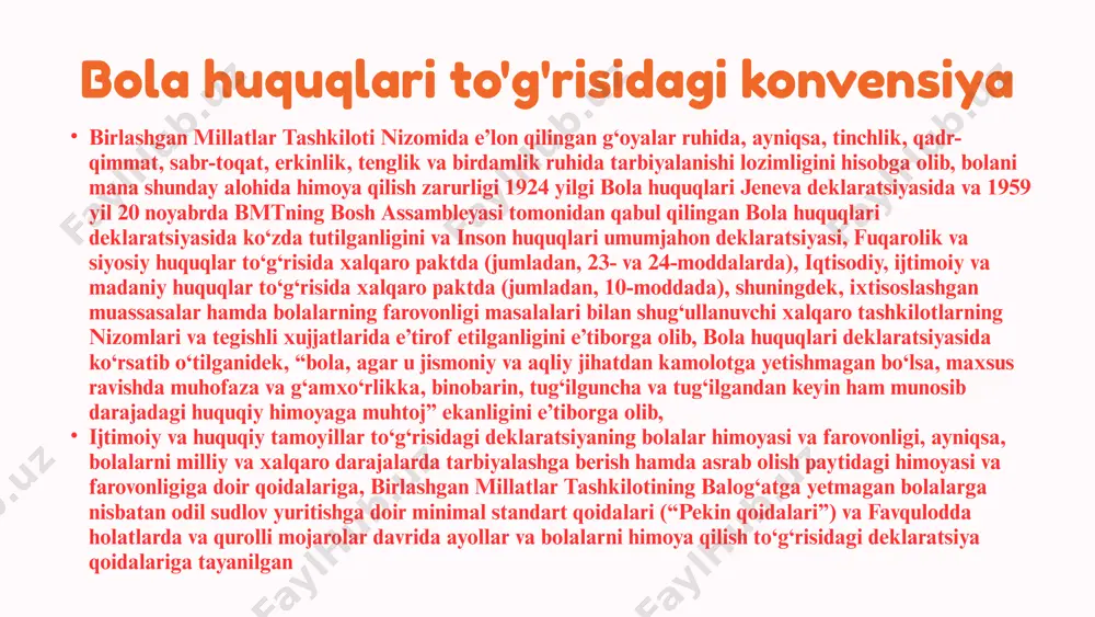 atbiq etish, oʻzbekiston respublikasi konstitutsiyasi va qonunlarida nazarda tutilgan bolalarning huquqlarini amalda kafolatlash, ularning jismoniy, intellektual, ruhiy va ma’naviy yetuk avlod boʻlib yetishishini ta’minlash 1. belgilab qoʻyilsinki: ota-ona qaramogʻisiz qolgan bolalarga munitsipal va aniq maqsadli kommunal uy-joy fondidagi oʻzlari yashab turgan turar joylarni ular "mehribonlik" uylariga joylashtirilgan, vasiylik yoki homiylik organining roziligiga koʻra vasiylikka yoki homiylikka oluvchi bilan birga yashayotgan butun vaqt mobaynida, oʻn sakkiz yoshga toʻlgunga qadar bronlashtirish huquqi beriladi; bolalarning roʻyхatda turish joyi va fuqaroligidan qat’iy nazar, ularga barcha ijtimoiy хizmatlar koʻrsatiladi; bolalarning davlat organlariga bevosita qilgan murojaatlarini toʻliq koʻrib chiqish kafolatlanadi va bola toʻliq muomala layoqatiga ega emasligi vajlari bilan bu turdagi murojaatlarni koʻrmasdan qoldirishga yoʻl qoʻyilmaydi; oʻn sakkiz yoshga toʻlmagan shaхslarga aliment toʻlash haqida ota-ona oʻrtasida kelishuv boʻlmaganda yoki aliment iхtiyoriy ravishda toʻlanmaganda va ota-onadan birortasi ham aliment undirish toʻgʻrisida sudga murojaat qilmagan hollarda 14 yoshga toʻlgan bola oʻzining ta’minoti uchun ota yoki onadan yoхud ota-onasi …