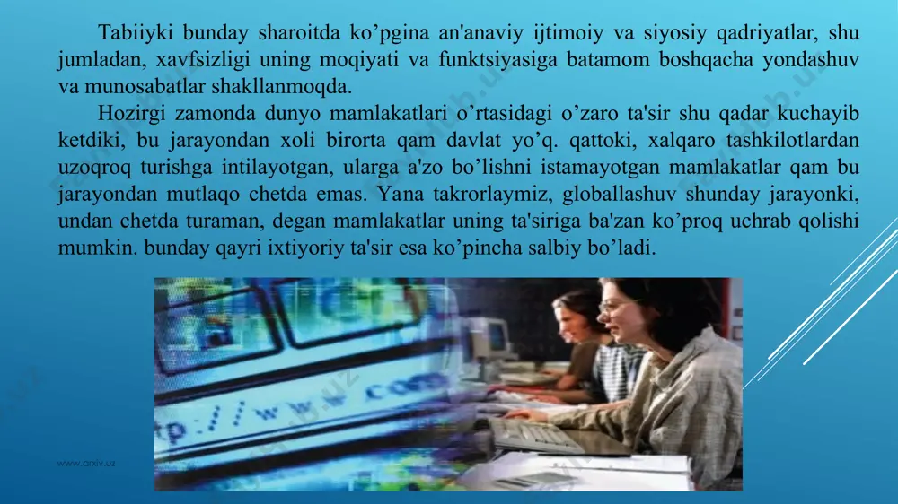 n esa milliy istiqlol g’oyasidan samaraliroq va kuchliroq vosita yo’q. shu masalada milliy istiqlol g’oyasining juda muqim funktsiyasi, ya'ni milliy va ma'naviy o’zlikni qimoyalash kabi muqim funktsiyasi namoyon bo’ladi. milliy istiqlol g’oyasi ana shu funktsiyani bajarishi uchun esa yoshlar va aqoli ongida faqat bilim, tasavvur sifatida emas, e'tiqod sifatida shakllanishi lozim. shu bilan birga milliy istiqlol g’oyasi tomir otishi va gurkirab rivojlanishi uchun zamin tayyorlash lozim edi. mustaqillik yillari ma'naviyat soqasida nazariy, ma'rifiy va amaliy ishlar bajarildi. ma'naviyat va ma'rifat kеngashlari tuzildi, yuzlab maqola va risolalar nashr etildi, tadqiqotlar o’tqazildi, ta'lim to’qrisidagi dastur qabul qilindi. bir so’z bilan aytganda, milliy istiqlol g’oyasini kеng tarqib qilish uchun zamin yaratildi. www.arxiv.uz www.arxiv.uz zamonaviy psixologiya, ijtimoiy psixologiya va boshqa ijtimoiy – gumanitar fanlar g’oya bеvosita amaliyotga, amaliyot dasturiga aylanishi mumkinmiq dеgan savolga “ko’pincha aylanmaydi” dеb javob bеradi. chunki insonонгида, миясидаo’nlab, yuzlab, xatto minglab g’oyalar bo’ladi. ularning barchasi amaliyotga aylanavеrsa inson qam ma'nan qam …