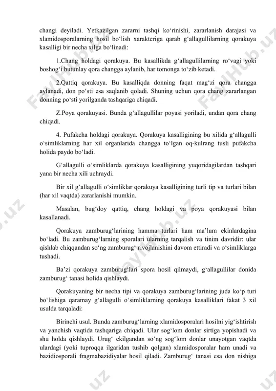 ‘simlik, odatda, sog‘lom o‘simlikdan ilgari boshoq chiqaradi, kasal o‘simlikning boshog‘i bug‘doy gullayotgan vaqtda qora changga aylanadi, va undan xlamidosporalar tarqaladi, ular sog‘lom o‘simlik gullariga tushib, qulay sharoitda unib chiqadi. xlamidosporalar nishi gulning tumshuqchasi orqali tugunchaga o‘tadi, bu yerda zamburug‘ tanasiga aylanadi. ammo donda taraqqiy etmaydi, balki murtak holida kelgusi yilgacha saklanadi. zararlangan don tashqi ko‘rinishidan sog‘lom dondan hech farq qilmaydi va ekilganda normal unib chikadi. o‘simlik bilan bir vaqtda uning ichidagi zamburug‘ tanasi ham o‘sadi va rivojlanayotgan boshoqka yetib, uni yemiradi, hamda sporalarning changlanuvchi qora massasini hosil kiladi. demak, gallagullilarda qorakuya kasalligi tarqalishining 2 - usulida o‘simlik gullash vaqtida, don esa ichidan zararlanadi. misol: bug‘doy va arpaning chang qorakuya kasalligi. uchinchi usul. makkajo‘xorining pufak qorakuya kasalligi. bu kasallikda makkajo‘xorining har xil organlarida qora changlar (zamburug‘ xlamidasporalari) bilan to‘lgan oqish - kul rang pufakchalar hosil bo‘ladi. ular asta sekin quriydi, yoriladi va xlamidosporalar tuproq betiga tushib, shu joyda qishlaydi, bahorda esa …