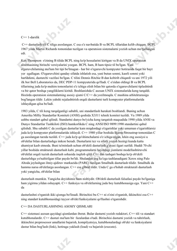 l ning ko'p hossalarini kiritgan va b da unix operatsion sistemasining birinchi versiyalarini yozgan. bcpl ham, b ham tipsiz til bo'lgan. yani o'garuvchilarning ma'lum bir tipi bo'lmagan - har bir o'zgaruvchi kompyuter hotirasida faqat bir bayt yer egallagan. o'zgaruvchini qanday sifatda ishlatish esa, yani butun sonmi, kasrli sonmi yoki harfdekmi, dasturchi vazifasi bo'lgan. c tilini dennis ritchie b dan keltirib chiqardi va uni 1972 yili ilk bor bell laboratories da, dec pdp-11 kompyuterida qo'lladi. c o'zidan oldingi b va bcpl tillarining juda ko'p muhim tomonlarini o'z ichiga olish bilan bir qatorda o'zgaruvchilarni tiplashtirdi va bir qator boshqa yangiliklarni kiritdi. boshlanishda c asosan unix sistemalarida keng tarqaldi. hozirda operatsion sistemalarning asosiy qismi c/c++ da yozilmoqda. c mashina arhitekturasiga bog'langan tildir. lekin yahshi rejalashtirish orqali dasturlarni turli kompyuter platformalarida ishlaydigan qilsa bo'ladi. 1983 yilda, c tili keng tarqalganligi sababli, uni standartlash harakati boshlandi. buning uchun amerika milliy standartlar komiteti (ansi) qoshida x3j11 …