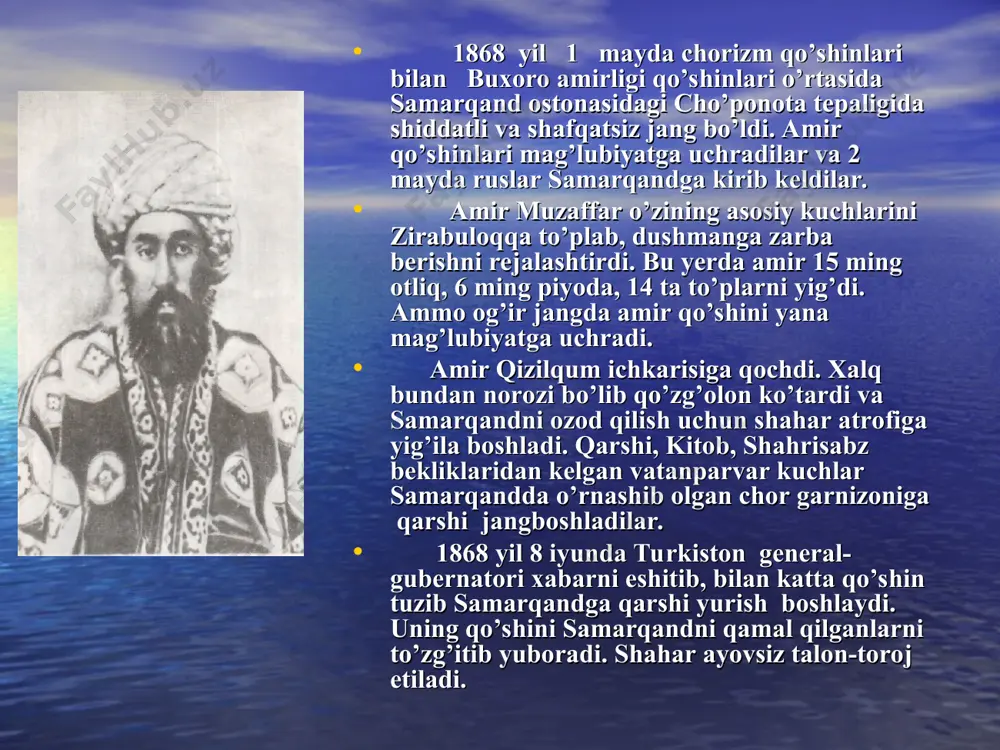 stda kitob shahri shiddat bilan qo’lga olingach, jo’rabek va bobobek qashqar tomon yo’l oladilar. ular mahram ostonalarida xudoyorxon amri bilan hibsga olinadi va chorizm qo’mondonligiga topshiriladilar. kitobni bosib olish uchun qatnashgan bir guruh zobit va askarlar general kaufman esa ularni o’z xizmatiga olib, rus qo’shini zobitligi unvonini beradi va bosqinchilik urushlarida ulardan ustalik bilan foydalanadi. 1839—1840 yillarda podsho nikolay i ning homiyligi va fatvosi bilan orenburg harbiy gubernatori v. a. perovskiy katta qo’shin bilan xivani bosib olish niyatida yo’lga chiqadi. uning tarkibida 2 ta zambarak, 40 ta arava, 5325 askar, 10000 ta tuya bor edi. ammo sovuqning zo’rayishi, yoqilg’ining yo’qligi, oziq-ovqat tanqisligi, kiyim-kechaklarning yaroqsizligi natijasida perovskiy qo’shinlari yo’l-yo’lakay katta talafotlarga uchrab, xivaga yurishni to’xtatib, orqaga qaytadi. 2-savolga javob sankt-peterburgda xiva xonligini batamom bo’ysundirish masalasi yana bosh masala sifatida kun tartibiga qo’yildi. turkiston general-gubernatorligi xivaga qarshi harbiy yurish qilish uchun bahona qidira boshladi. bu bahona ham tezda topildi. xiva xonligida rus …