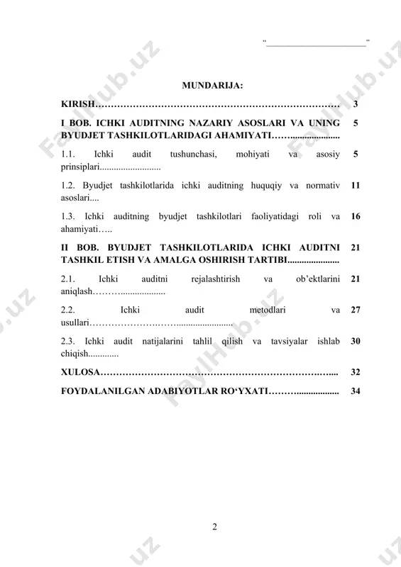 azorat qilish, xatolik va moliyaviy risklarni aniqlash, shuningdek, ularni o‘z vaqtida bartaraf etish mexanizmlarini ta’minlaydigan muhim vosita hisoblanadi. ichki auditning samarali faoliyati nafaqat moliyaviy jarayonlarning qonuniyligini kafolatlaydi, balki tashkilotning strategik maqsadlariga erishish, resurslardan oqilona foydalanish va iqtisodiy samaradorlikni oshirishga xizmat qiladi. byudjet tashkilotlarida ichki audit tizimi nafaqat nazorat vositasi, balki rahbariyat va moliyaviy bo‘lim xodimlari uchun qaror qabul qilishda ishonchli ma’lumot manbai sifatida ham muhim ahamiyatga ega. zamonaviy davrda ichki auditning rivojlanishi va uning xalqaro standartlarga moslashuvi tashkilot faoliyatining shaffofligi va samaradorligini oshirishga yordam beradi. shu bilan birga, ichki audit orqali byudjet mablag‘larining maqsadli ishlatilishi, ortiqcha yoki noto‘g‘ri xarajatlar aniqlanishi, xodimlar faoliyatidagi kamchiliklar va ichki nazoratning zaif tomonlari aniqlanadi hamda ularni bartaraf etish bo‘yicha tavsiyalar ishlab chiqiladi. zamonaviy byudjet tashkilotlarida moliyaviy resurslardan samarali foydalanish, hisobdorlik va shaffoflikni ta’minlash davlat moliyasining barqarorligini kafolatlaydigan eng muhim omillardan biridir. shu nuqtai nazardan, ichki audit tizimi tashkilotning moliyaviy va operatsion faoliyatini doimiy nazorat qilish, …