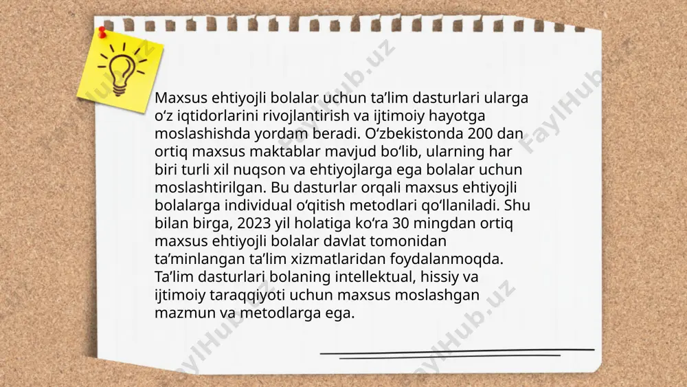 arayonida raqamli qurilmalar va internetdan foydalanish orqali o‘quvchilar darsliklarni elektron shaklda olishlari mumkin bo‘lib, bu ularning bilimga kirish imkoniyatlarini kengaytiradi. 2022-yilda o‘zbekistonda 9 000 dan ortiq umumiy o‘rta taʼlim maktablariga zamonaviy kompyuter texnologiyalari yetkazildi. onlayn platformalar va raqamli ta’lim materiallari yordamida o‘qituvchilar 3d va virtual reallik texnologiyalaridan foydalangan holda murakkab tushunchalarni osonlik bilan tushuntira oladi. shu bilan birga, masofaviy taʼlim imkoniyatlari kengaytirilib, 2023-yilda 50% dan ortiq maktablarda internetga ulanish yaxshilandi. ... t.me/slaydai_bot inklyuziv taʼlim uchun moliyaviy resurslar haqida soʻz borganda, oʻzbekistonda 2022-yilda davlat byudjetidan taʼlim tizimi uchun ajratilgan mablagʻlar hajmi 20 trillion soʻmni tashkil etdi. shundan 5 trillion soʻm ixtisoslashtirilgan maktablar va inklyuziv taʼlim yoʻnalishida foydalaniladi. xalq taʼlimi vazirligi maʼlumotlariga koʻra, 2023-yil uchun inklyuziv taʼlimni yanada rivojlantirish uchun yana qoʻshimcha 2 trillion soʻm ajratilishi rejalashtirilgan. ushbu resurslar maxsus ehtiyojli bolalarning taʼlim olish sharoitlarini yaxshilash, ularga tegishli jihozlar, maxsus oʻquv qoʻllanmalari va o'qituvchilar uchun malaka oshirish dasturlari uchun ishlatiladi. ... t.me/slaydai_bot …